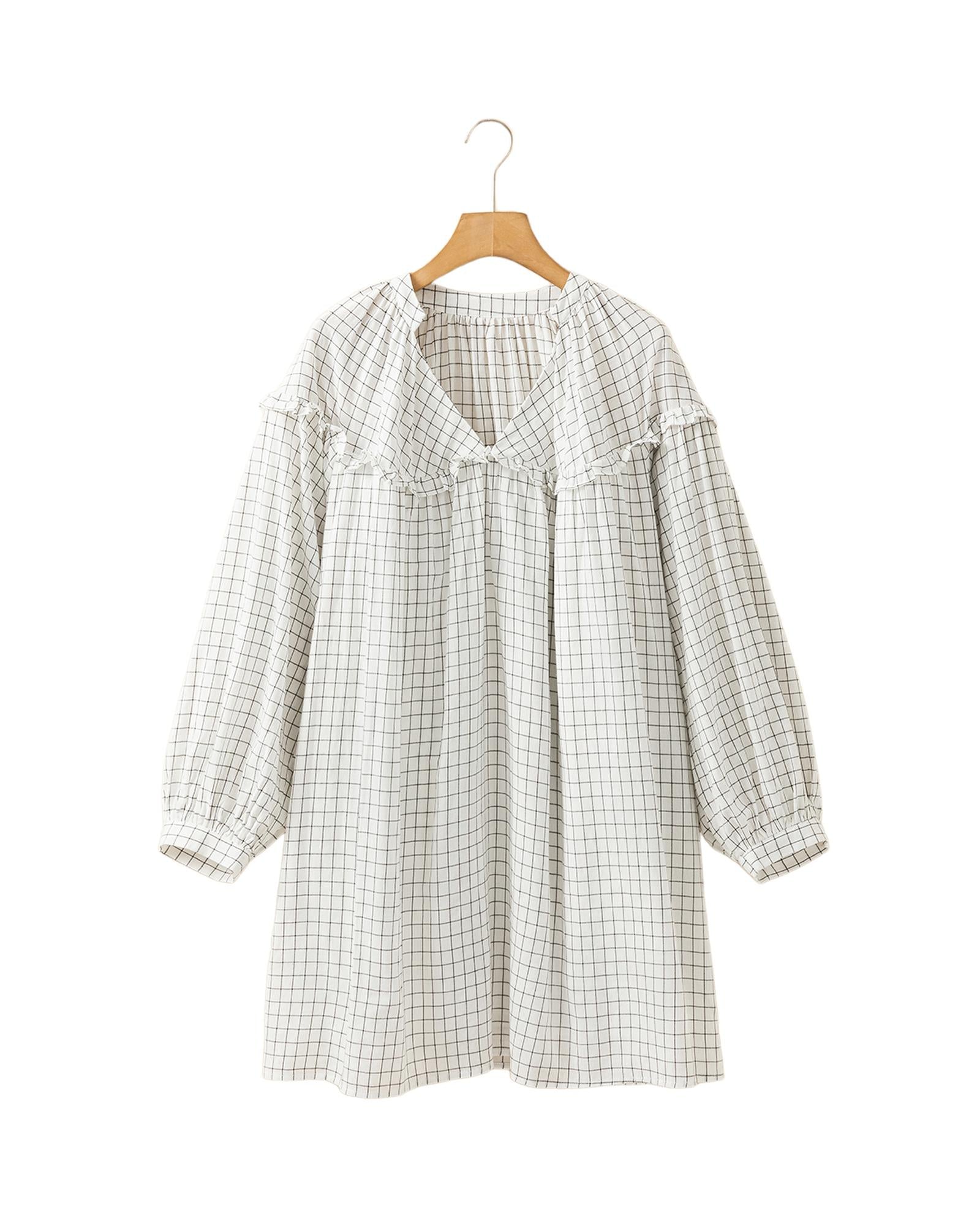 White Stripe Checkered Frilled V Neck Bracelet Sleeve Babydoll Dress - XL