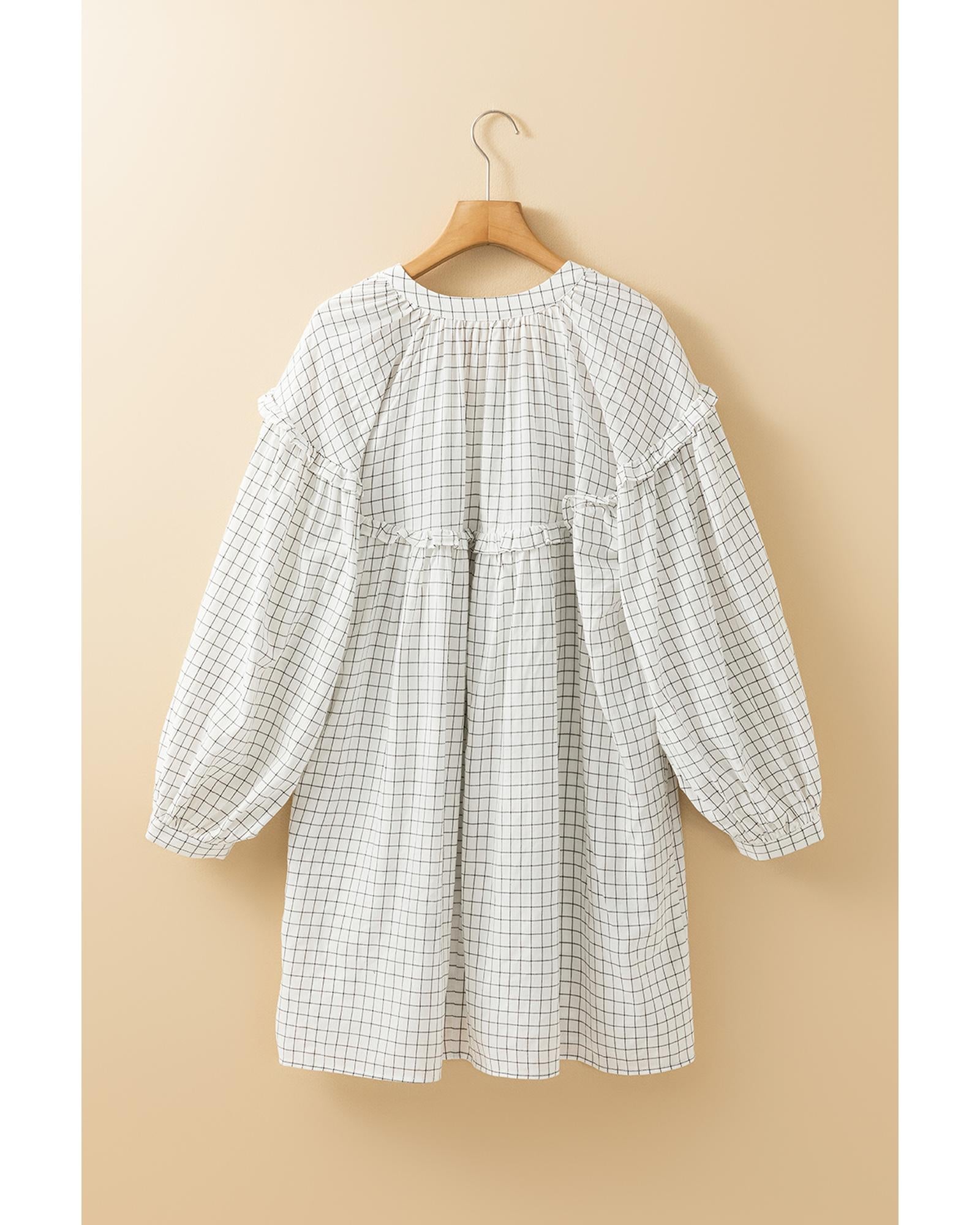 White Stripe Checkered Frilled V Neck Bracelet Sleeve Babydoll Dress - XL