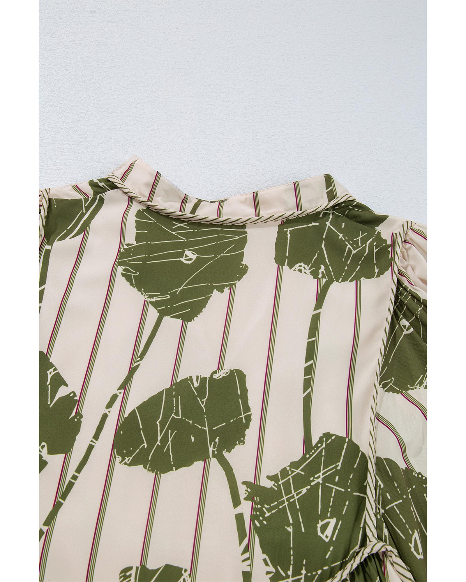 Guacamole Green Floral Striped Print Contrast Piping Puff Sleeve Dress - L