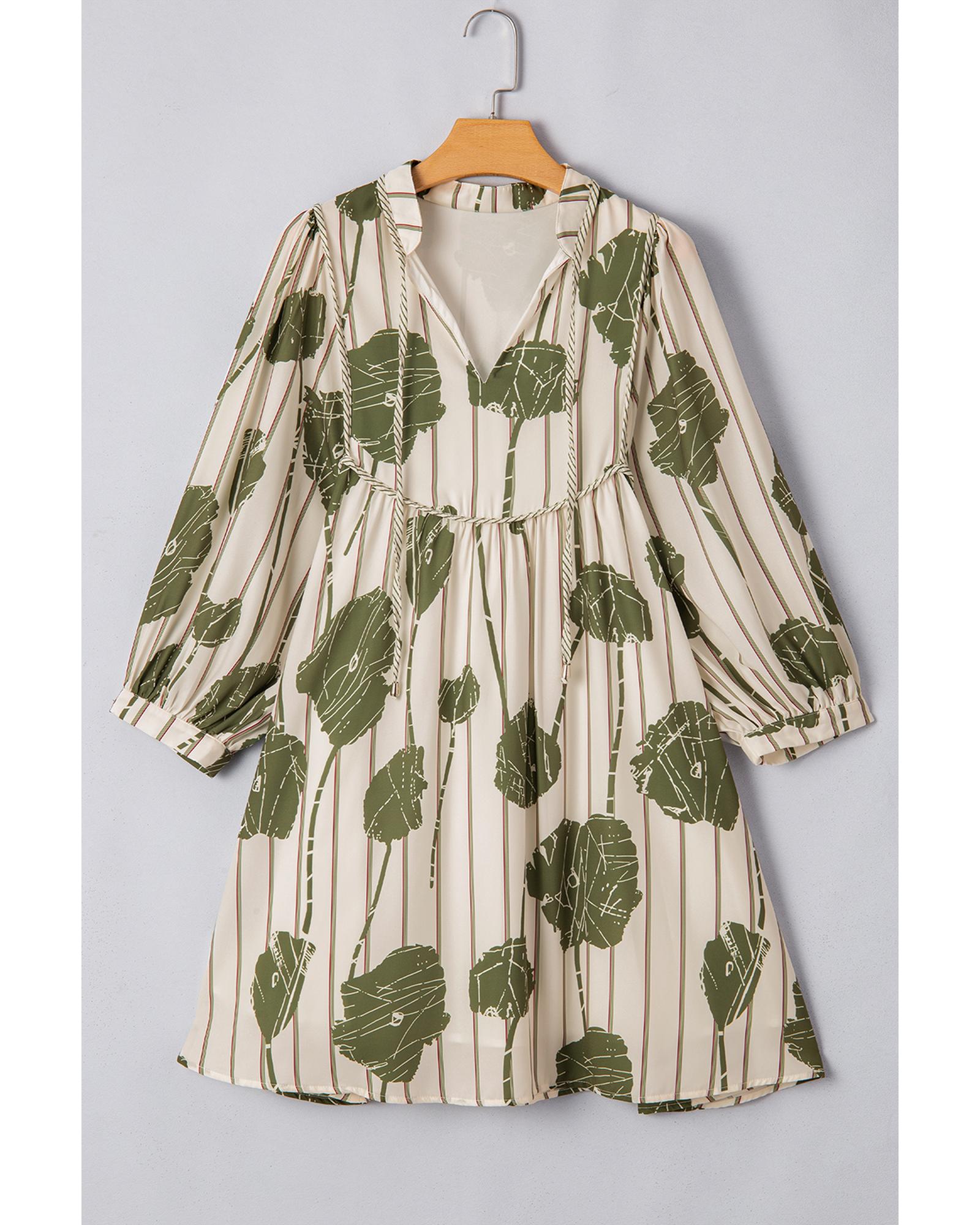 Guacamole Green Floral Striped Print Contrast Piping Puff Sleeve Dress - L