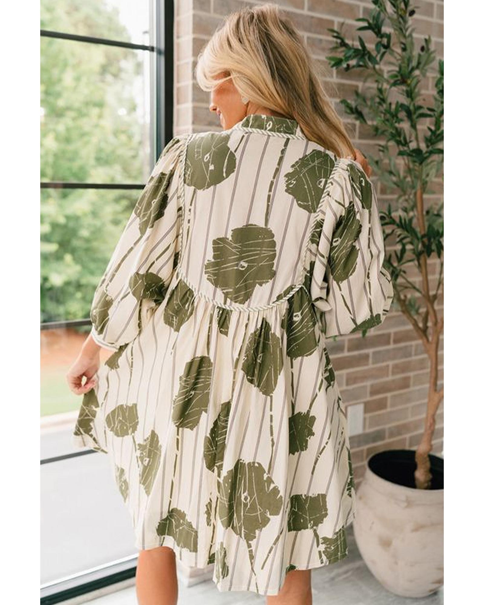Guacamole Green Floral Striped Print Contrast Piping Puff Sleeve Dress - XL