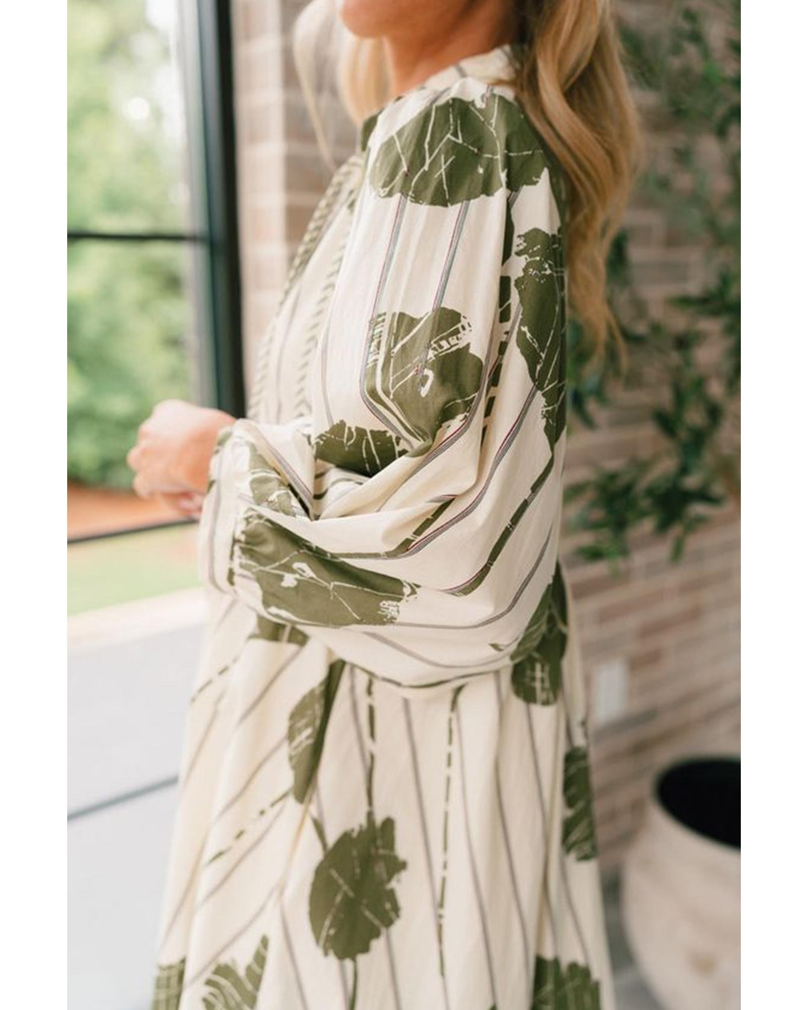 Guacamole Green Floral Striped Print Contrast Piping Puff Sleeve Dress - XL