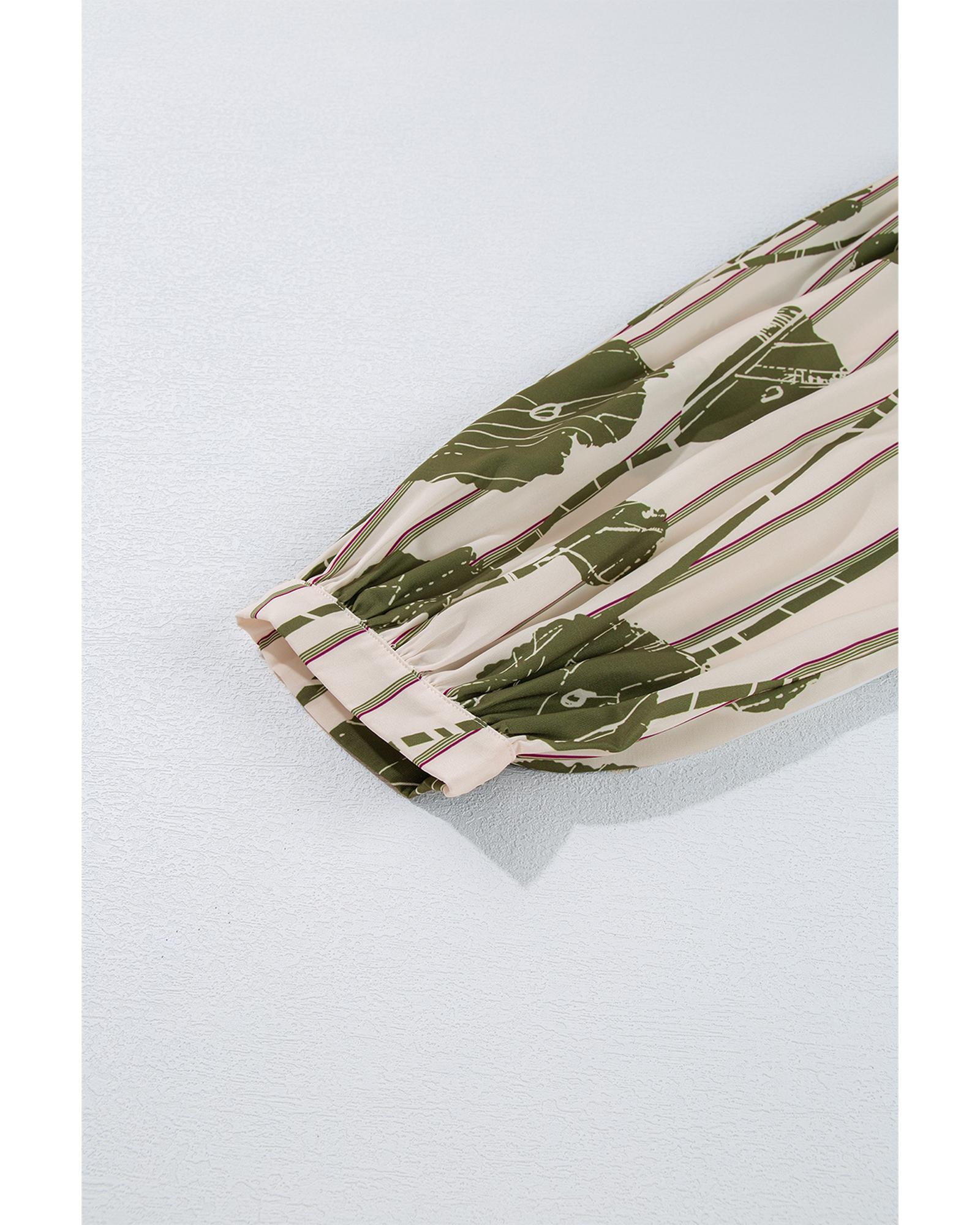 Guacamole Green Floral Striped Print Contrast Piping Puff Sleeve Dress - XL