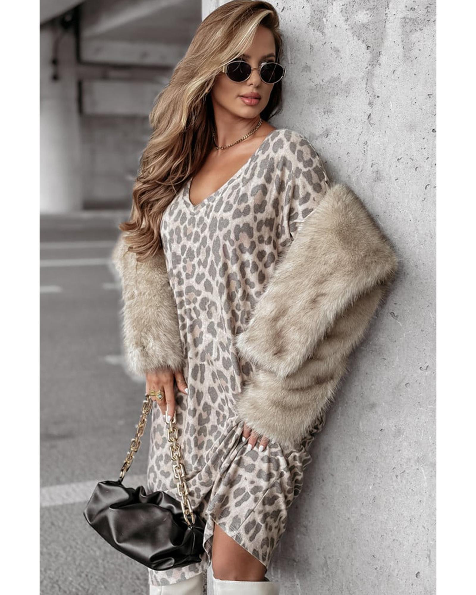 Gray Leopard Print V Neck Loose Fit Mini Dress - L