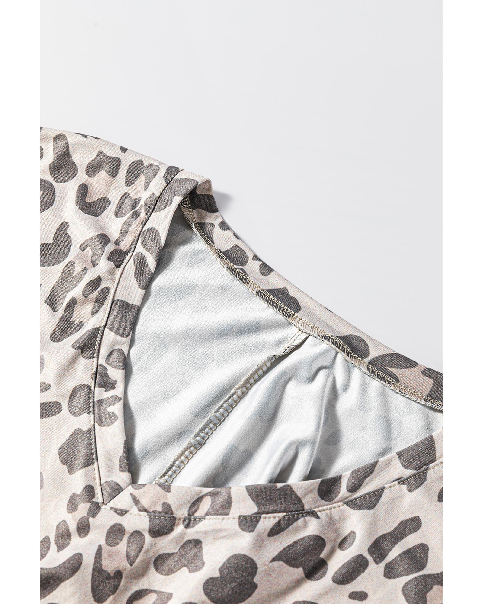 Gray Leopard Print V Neck Loose Fit Mini Dress - M