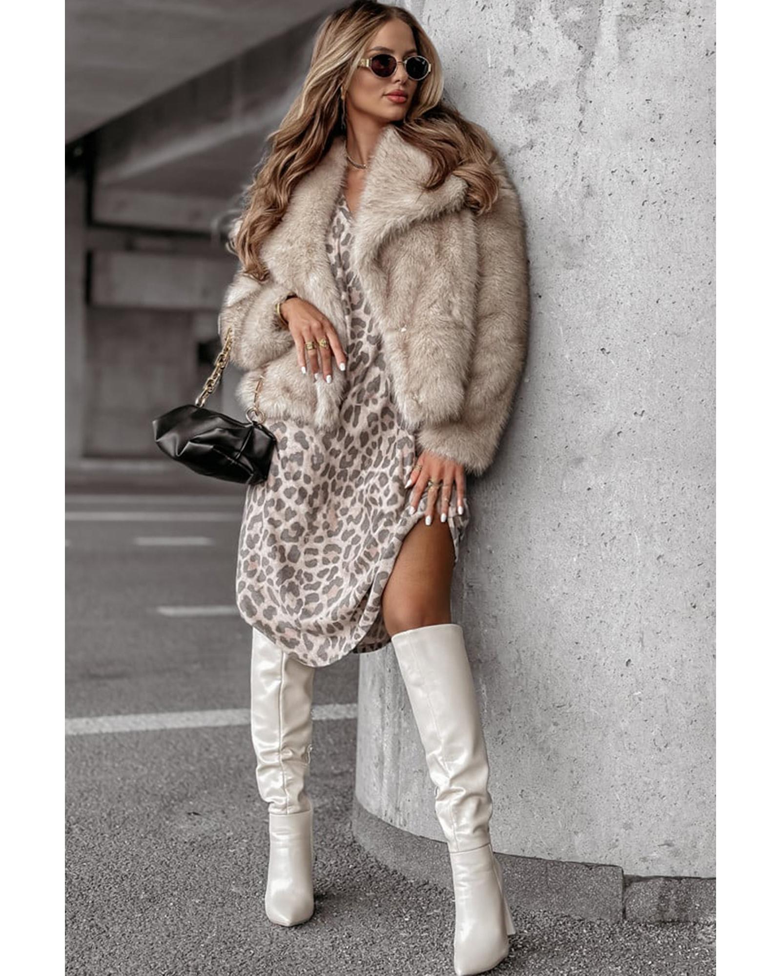 Gray Leopard Print V Neck Loose Fit Mini Dress - M