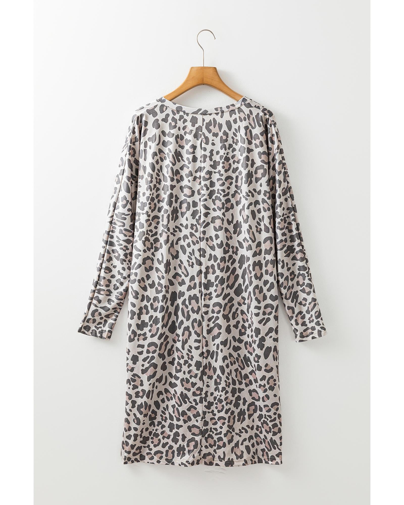 Gray Leopard Print V Neck Loose Fit Mini Dress - M