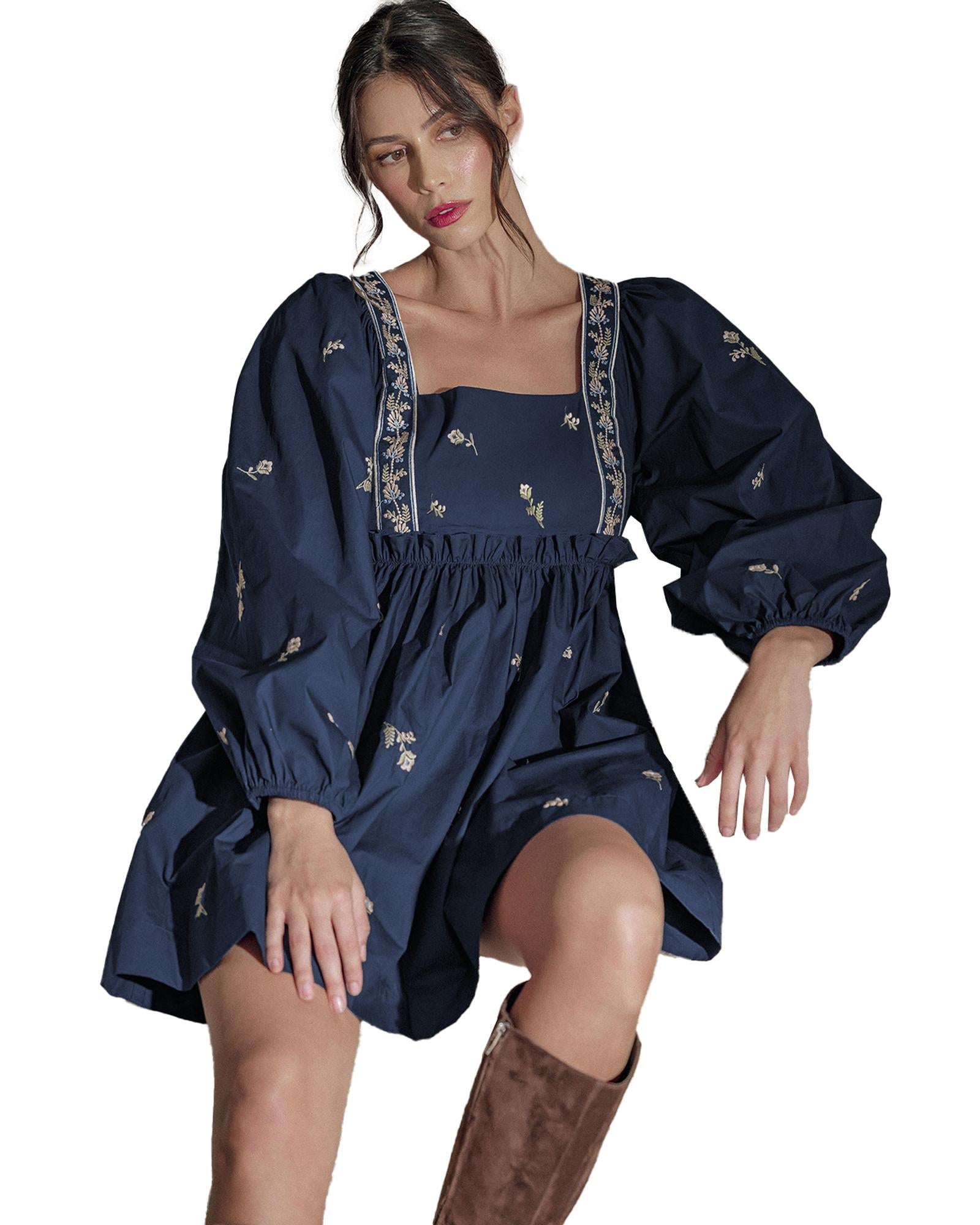 Blue Floral Embroidered Square Neck Puff Sleeve Ruffled Mini Dress - M