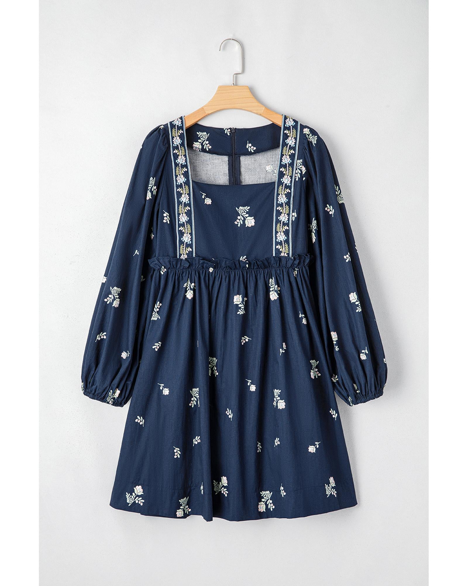 Blue Floral Embroidered Square Neck Puff Sleeve Ruffled Mini Dress - M