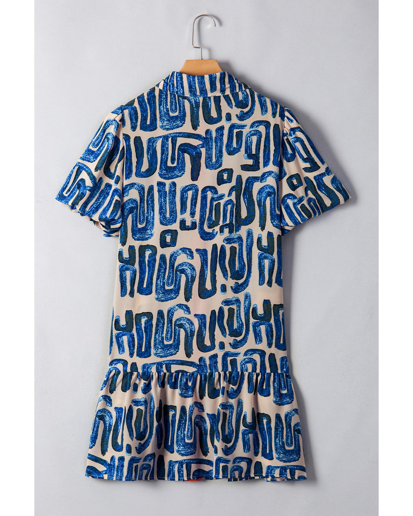 Beige Abstract Print Bubble Sleeve Button up Mini Dress - XL