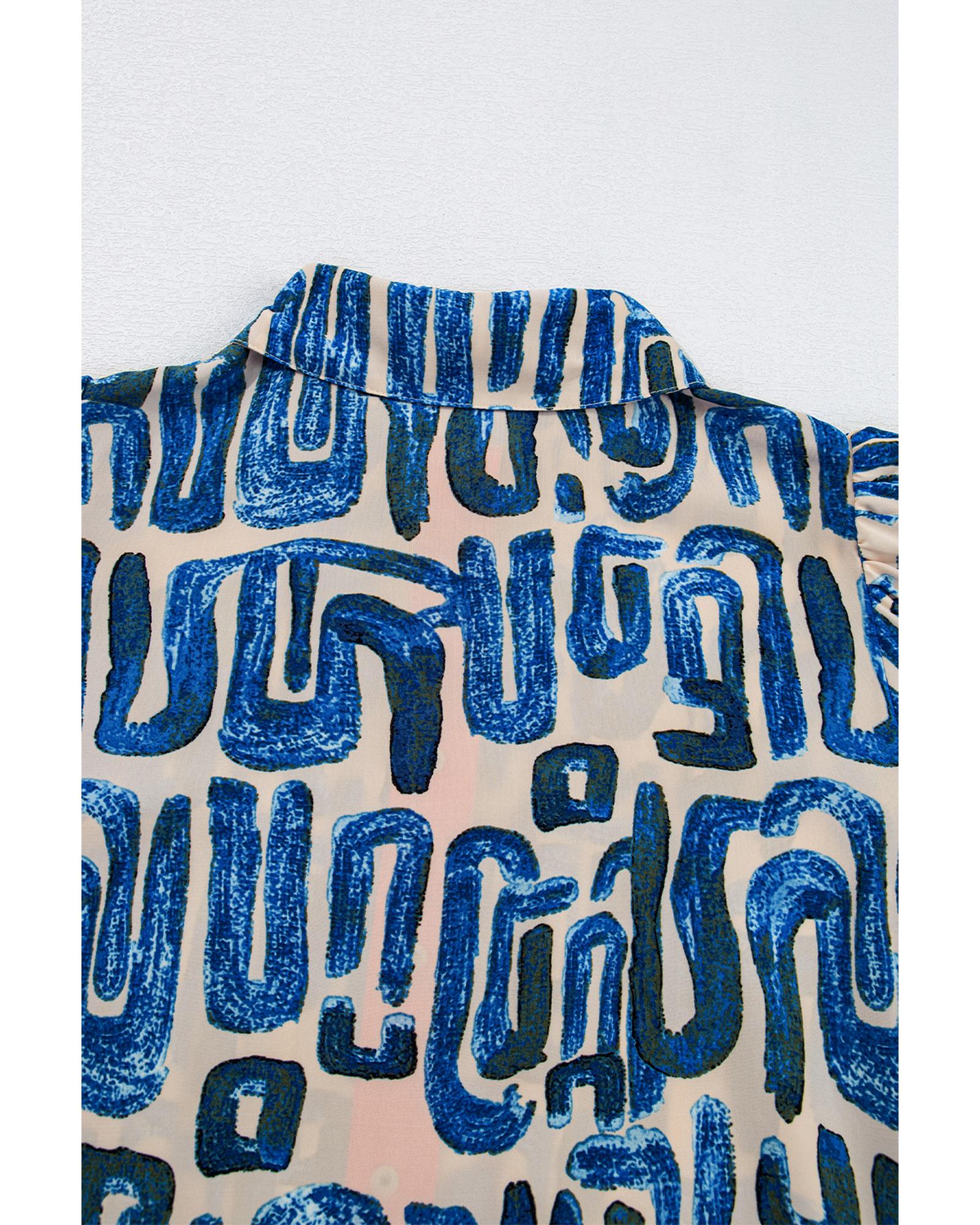 Beige Abstract Print Bubble Sleeve Button up Mini Dress - XL