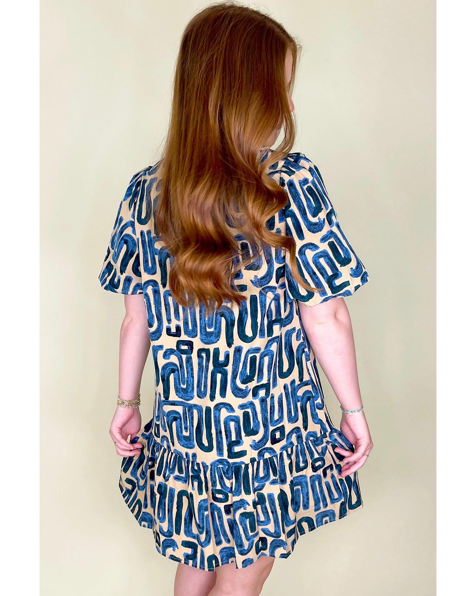 Beige Abstract Print Bubble Sleeve Button up Mini Dress - XL