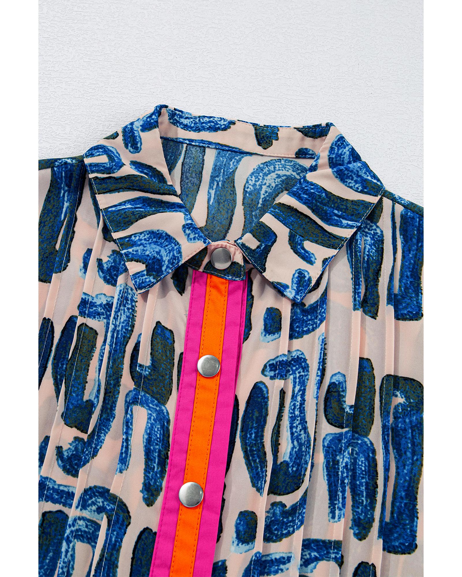 Beige Abstract Print Bubble Sleeve Button up Mini Dress - XL