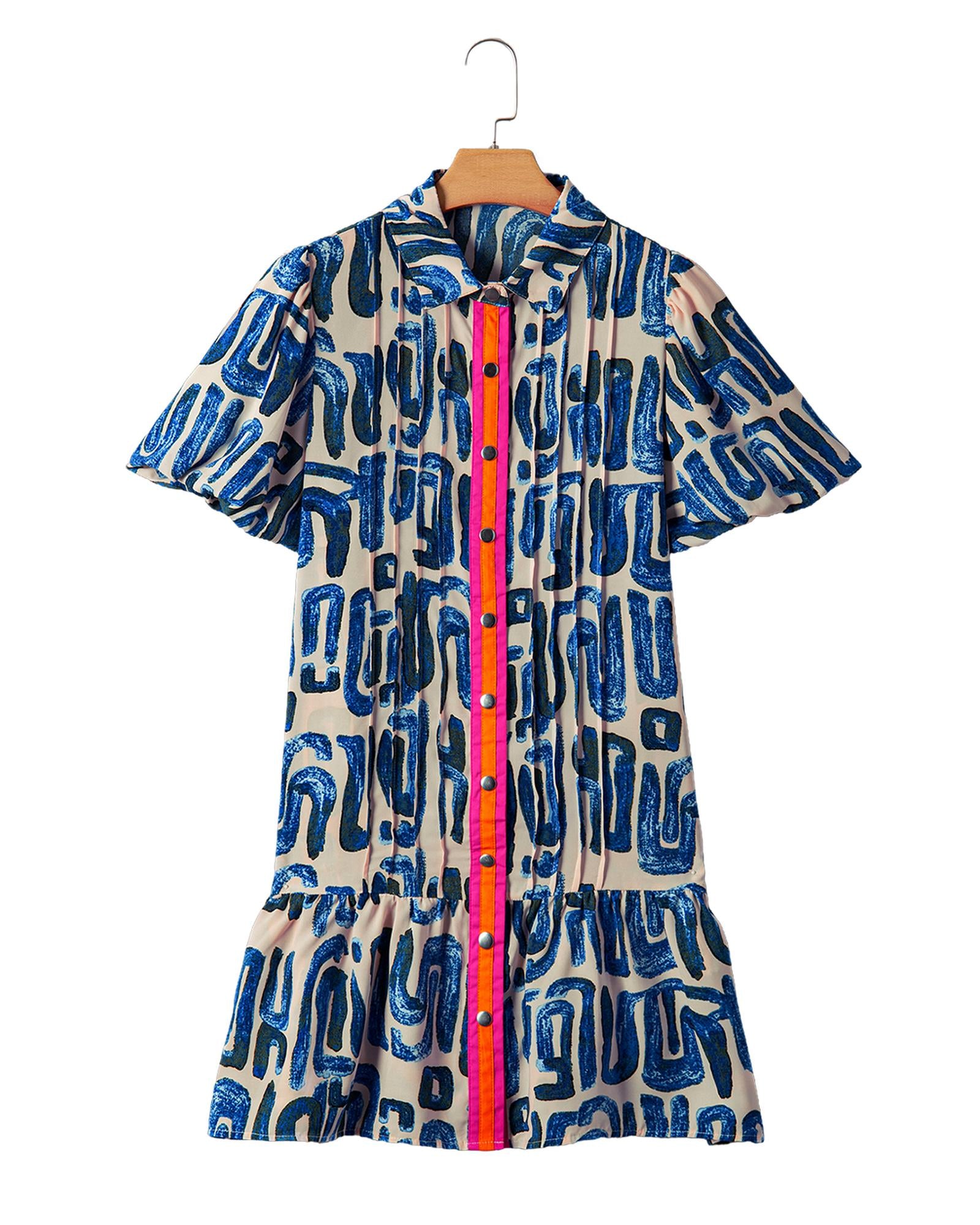 Beige Abstract Print Bubble Sleeve Button up Mini Dress - XL