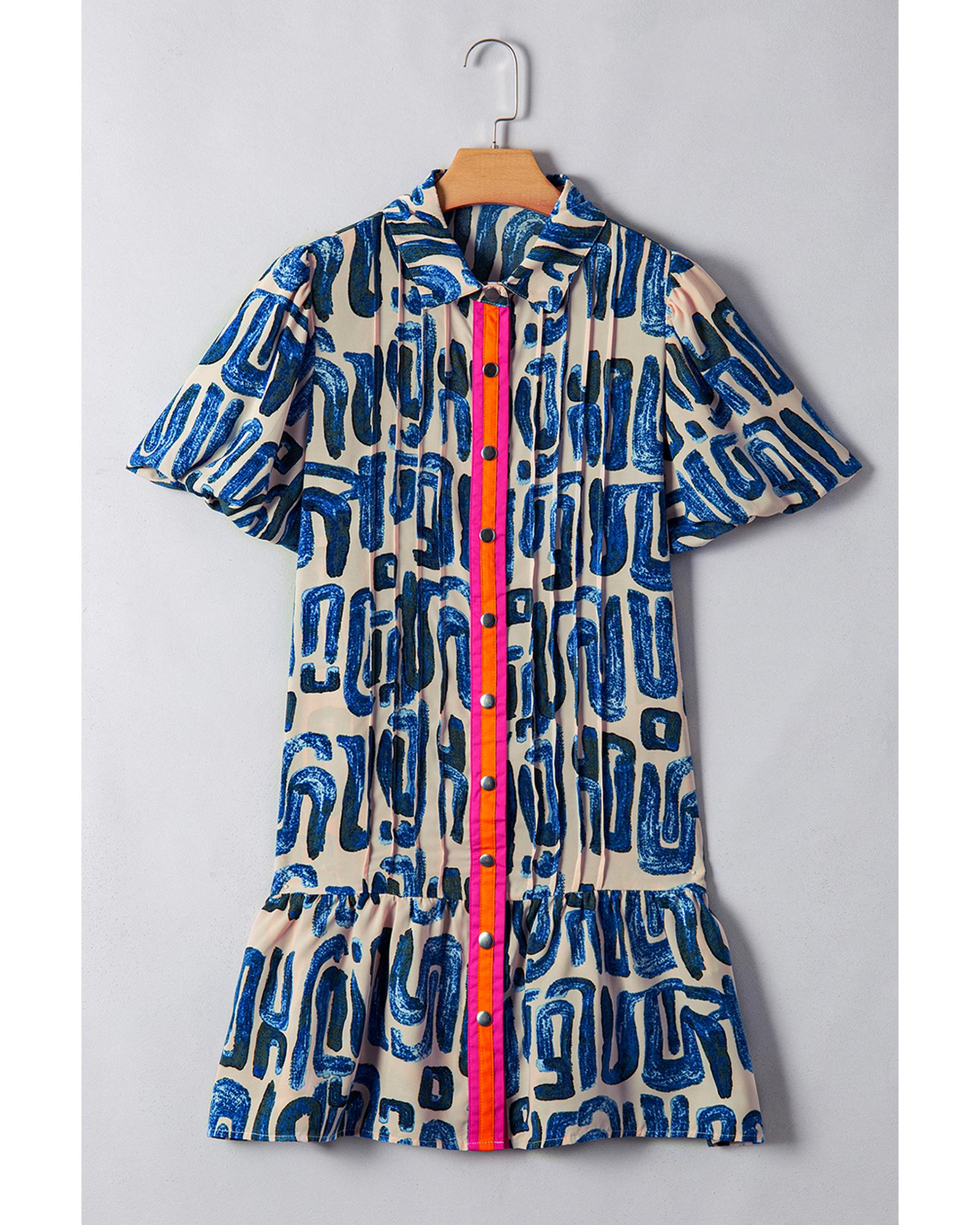 Beige Abstract Print Bubble Sleeve Button up Mini Dress - XL