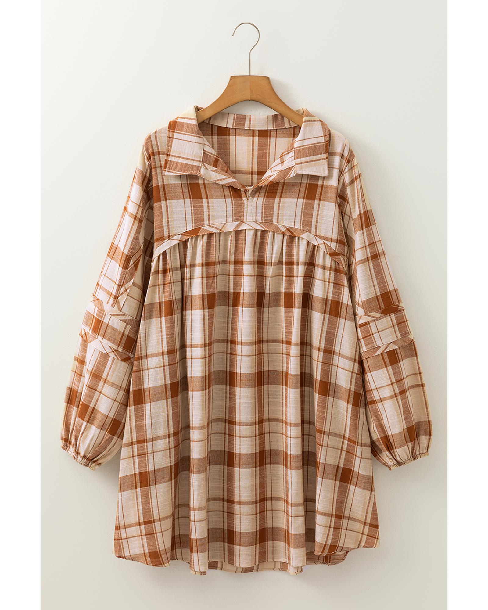 Brown Plaid Print Side Pockets Frilled Babydoll Mini Dress - L