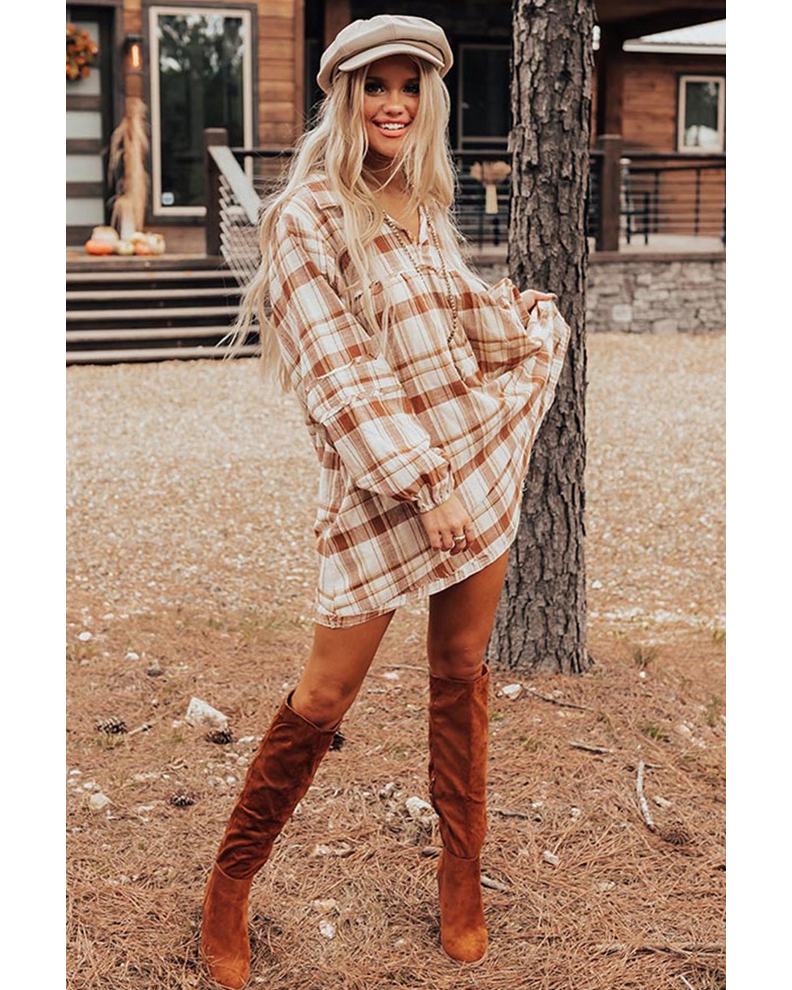 Brown Plaid Print Side Pockets Frilled Babydoll Mini Dress - L