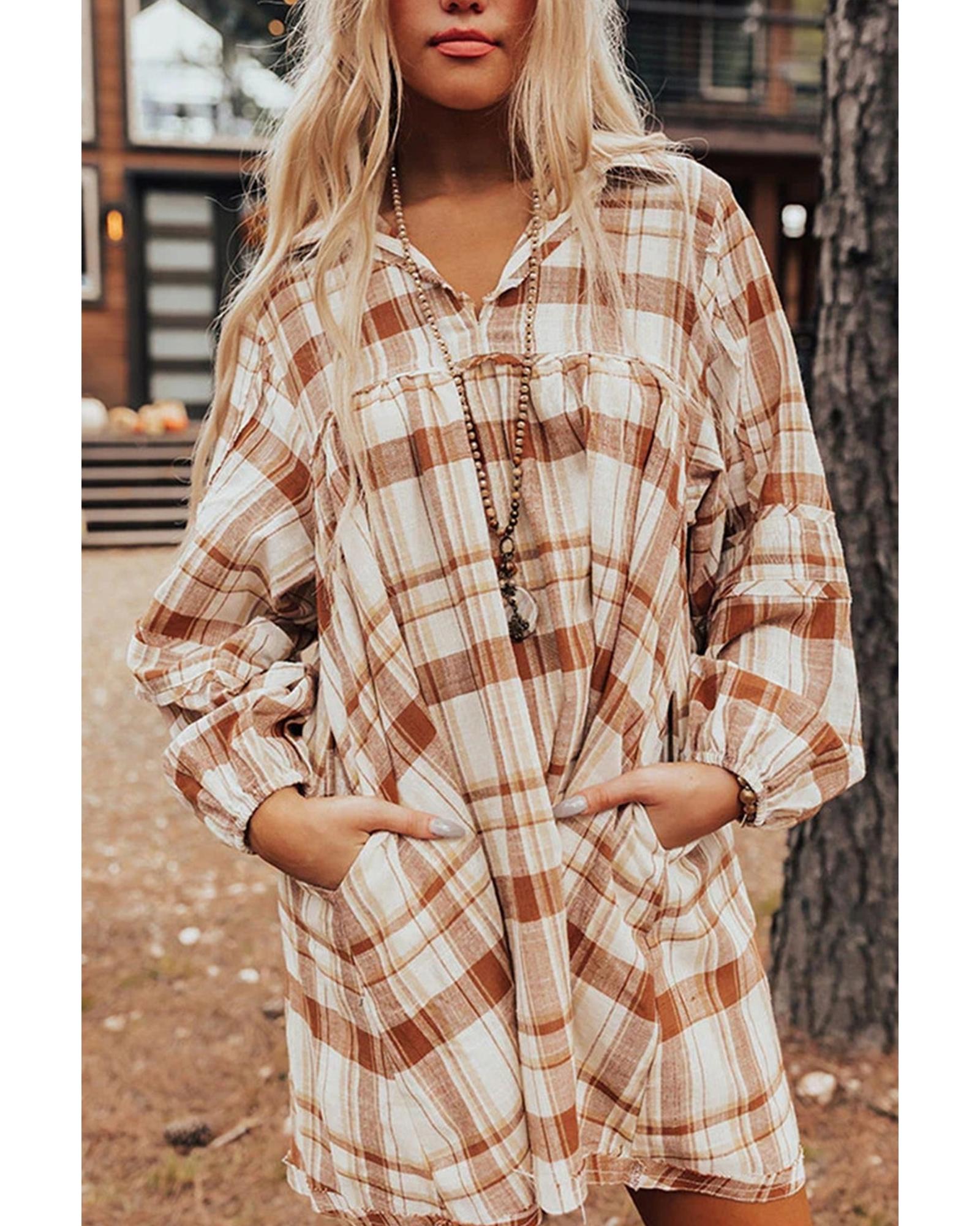 Brown Plaid Print Side Pockets Frilled Babydoll Mini Dress - L