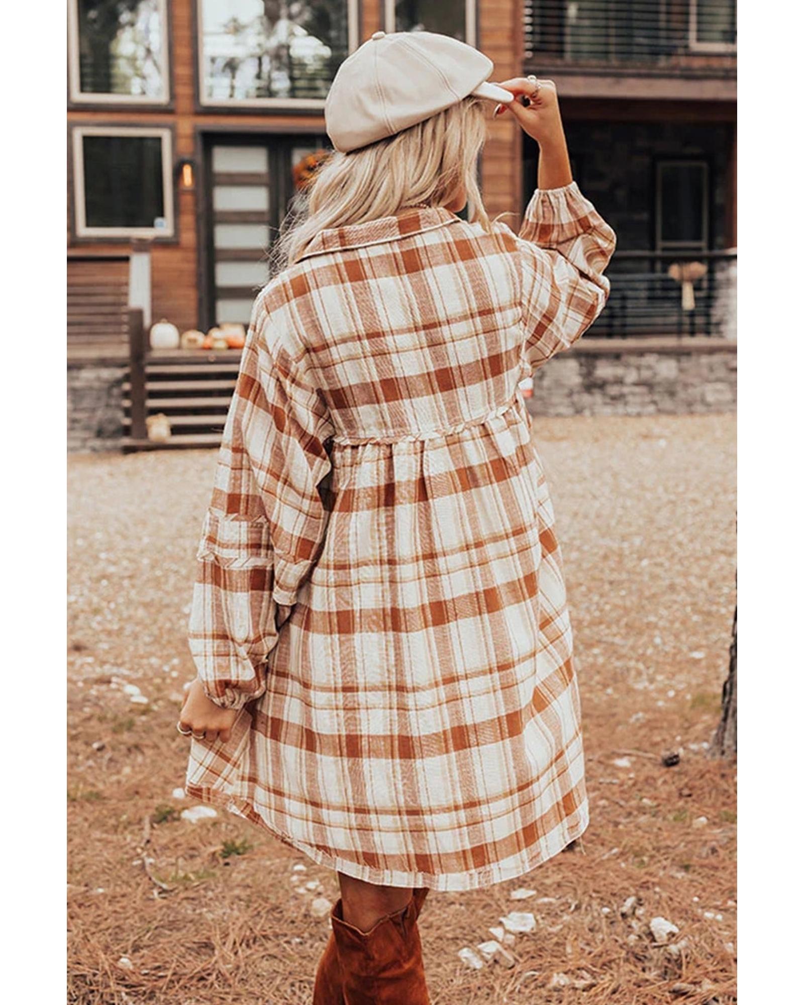 Brown Plaid Print Side Pockets Frilled Babydoll Mini Dress - S