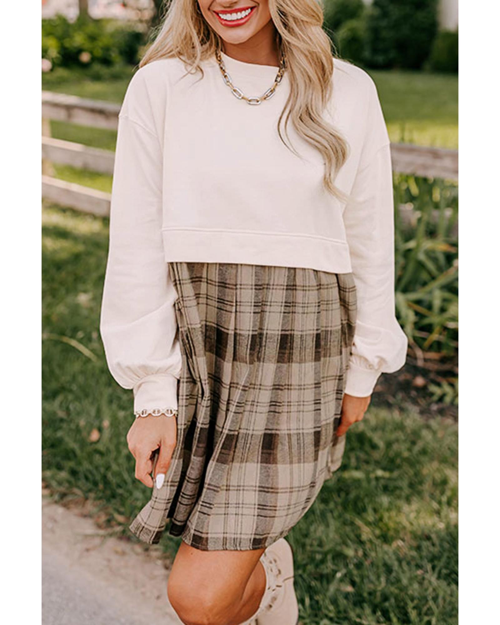 Beige Plaid Patchwork High Waist Sweatshirt Mini Dress - L