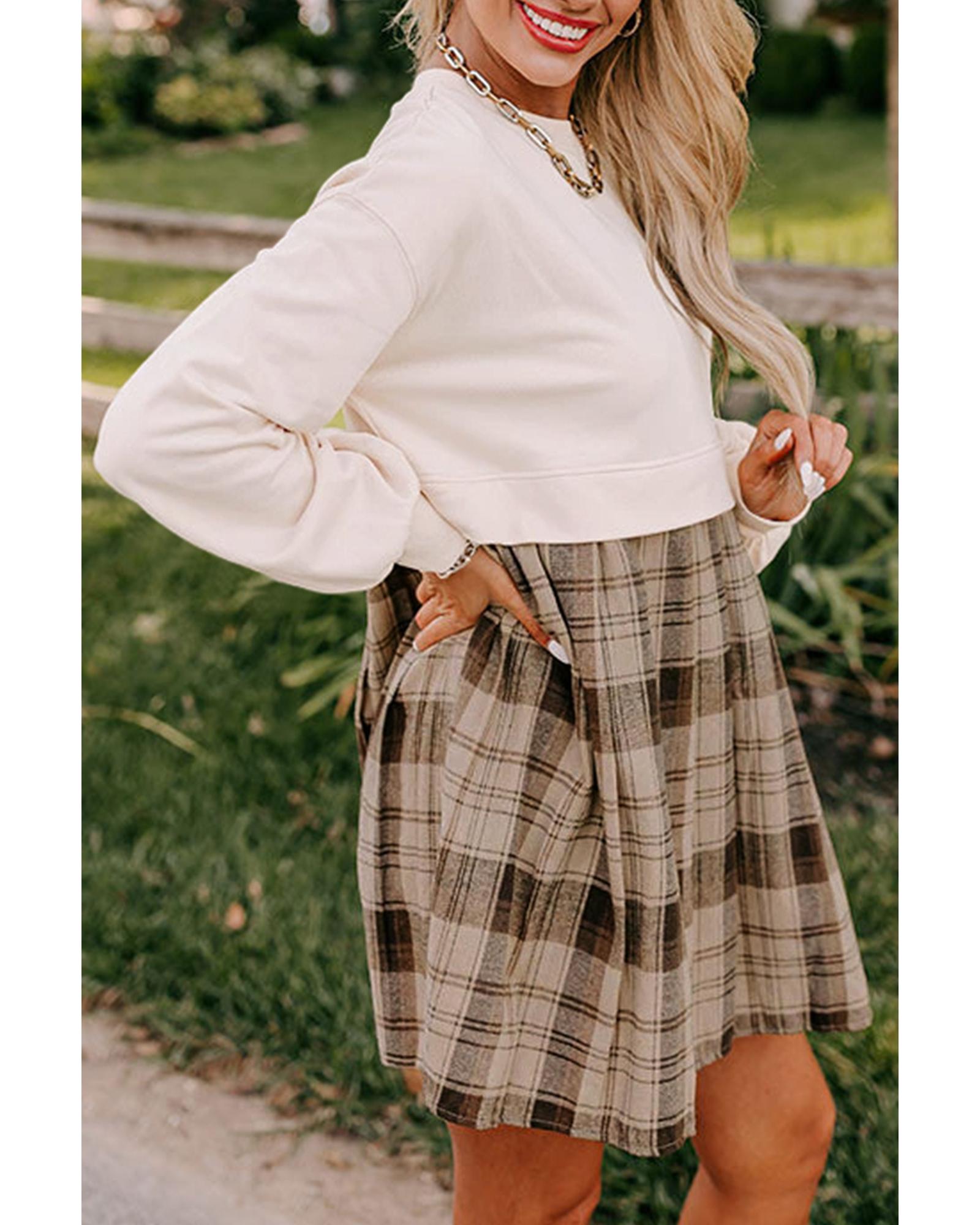 Beige Plaid Patchwork High Waist Sweatshirt Mini Dress - M