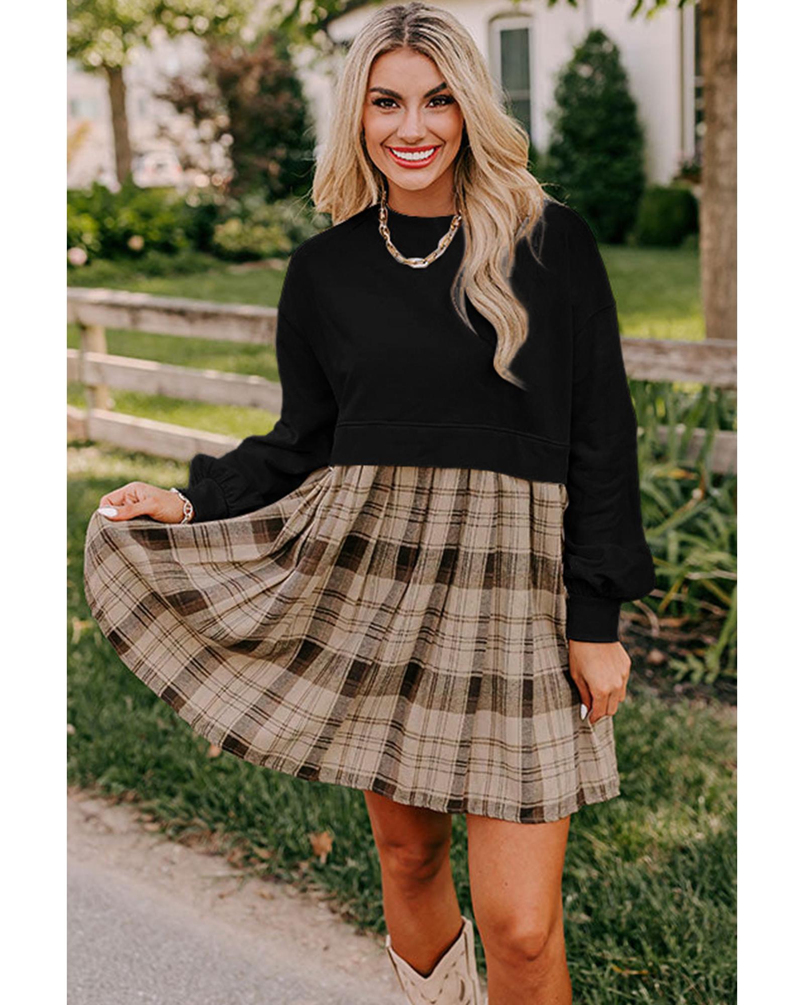 Black Plaid Patchwork High Waist Sweatshirt Mini Dress - L