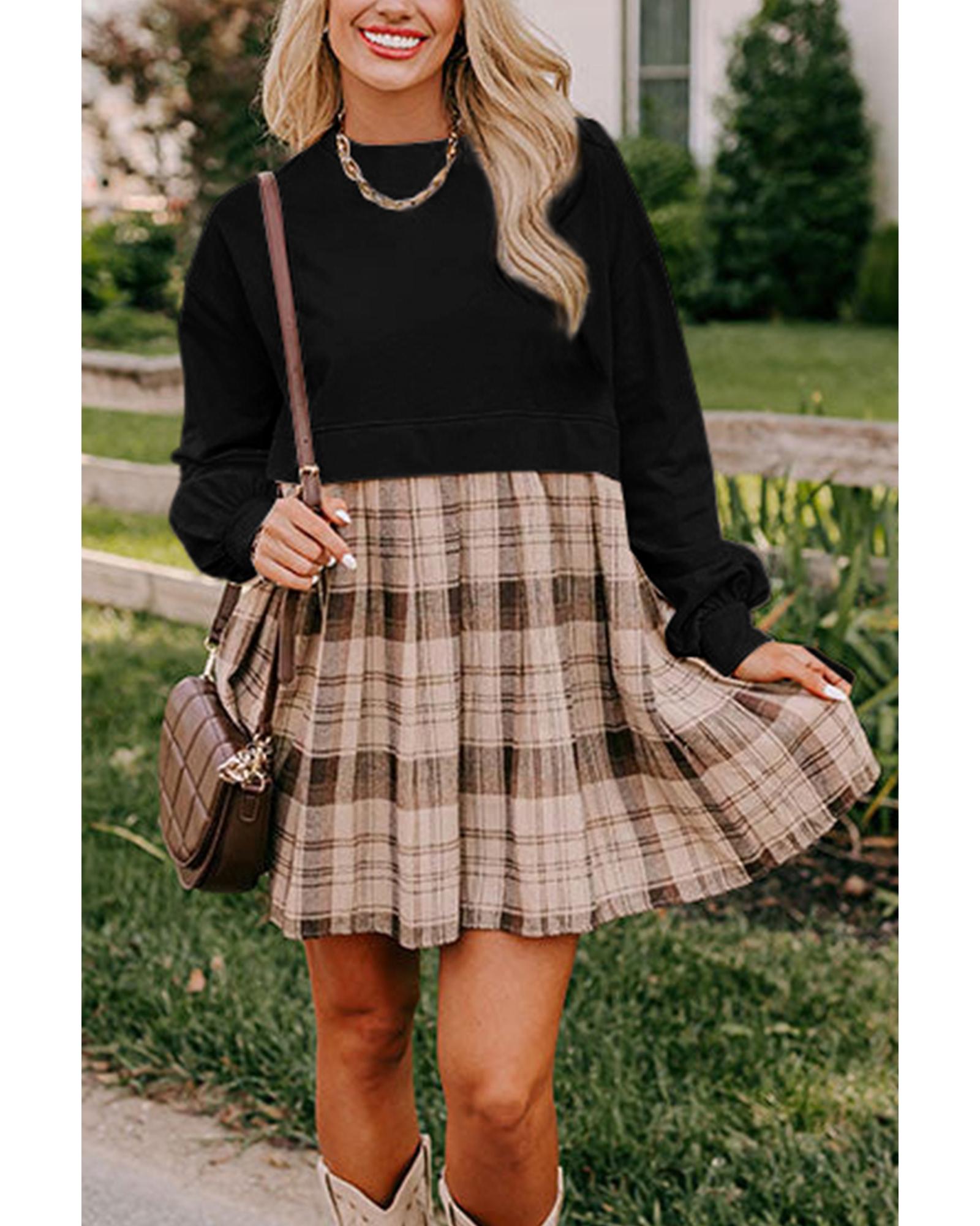 Black Plaid Patchwork High Waist Sweatshirt Mini Dress - L