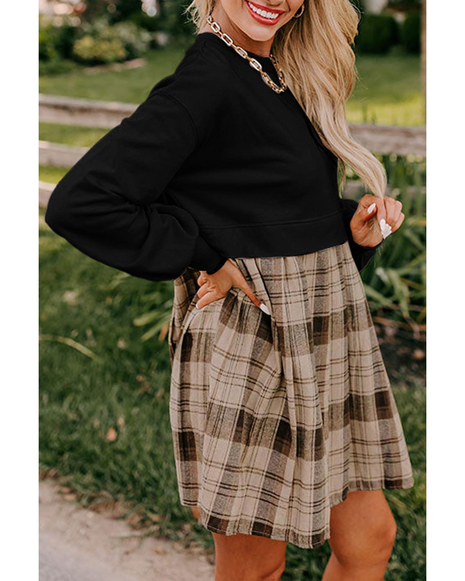 Black Plaid Patchwork High Waist Sweatshirt Mini Dress - M