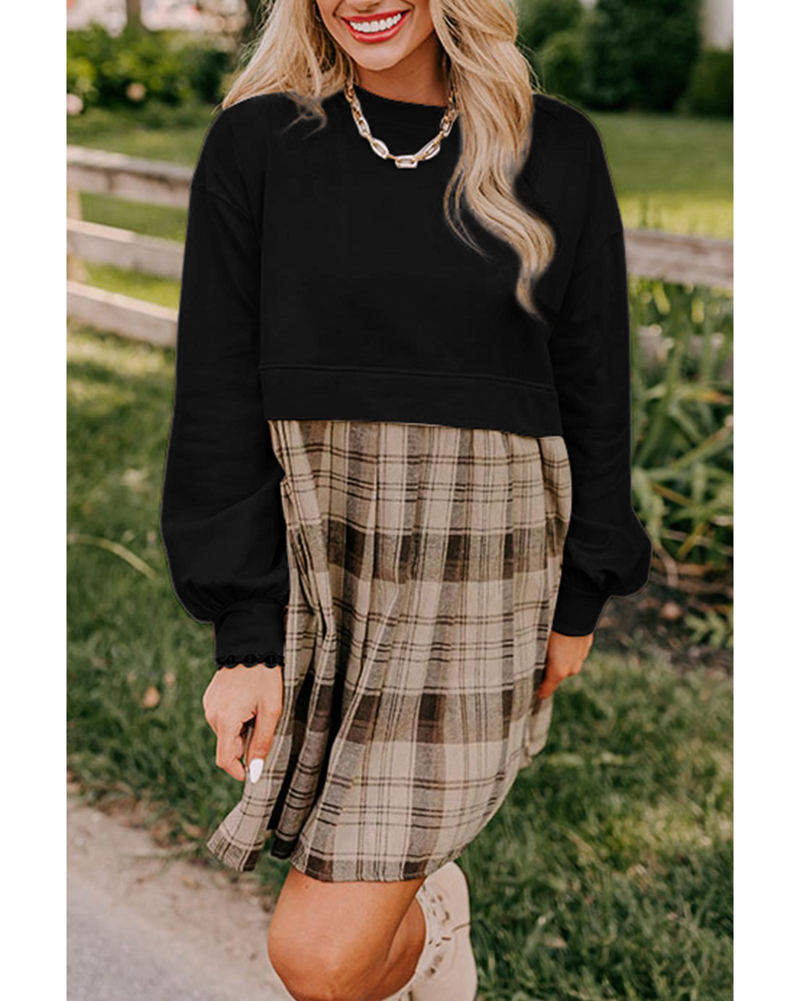 Black Plaid Patchwork High Waist Sweatshirt Mini Dress - M