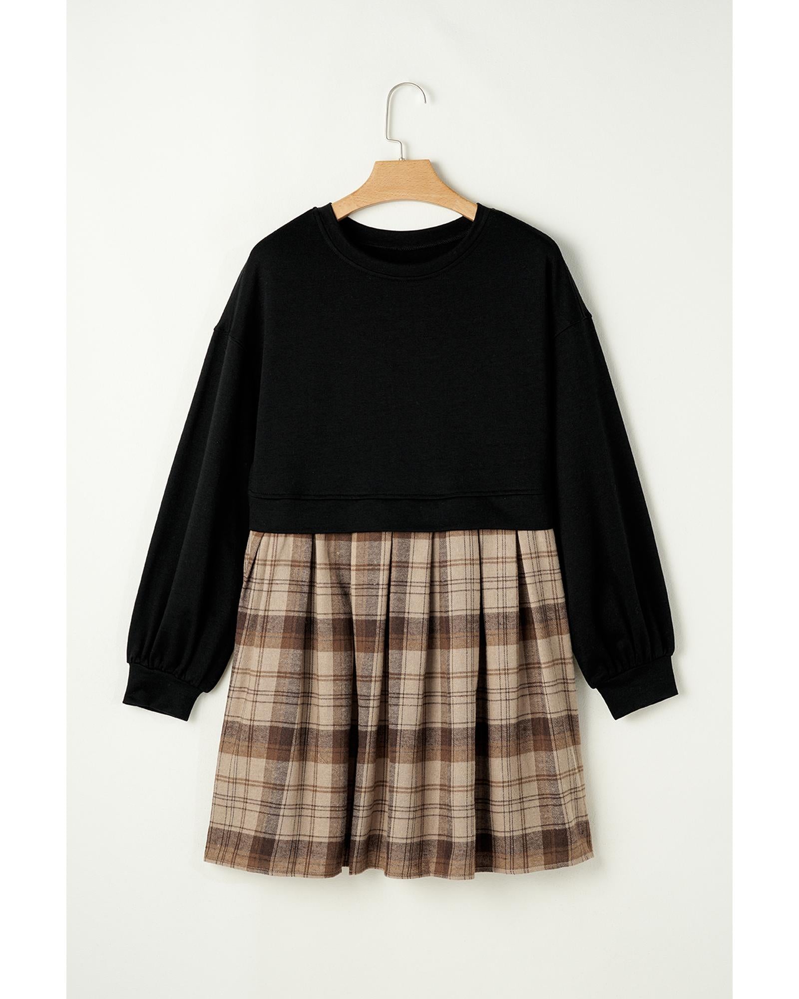 Black Plaid Patchwork High Waist Sweatshirt Mini Dress - M