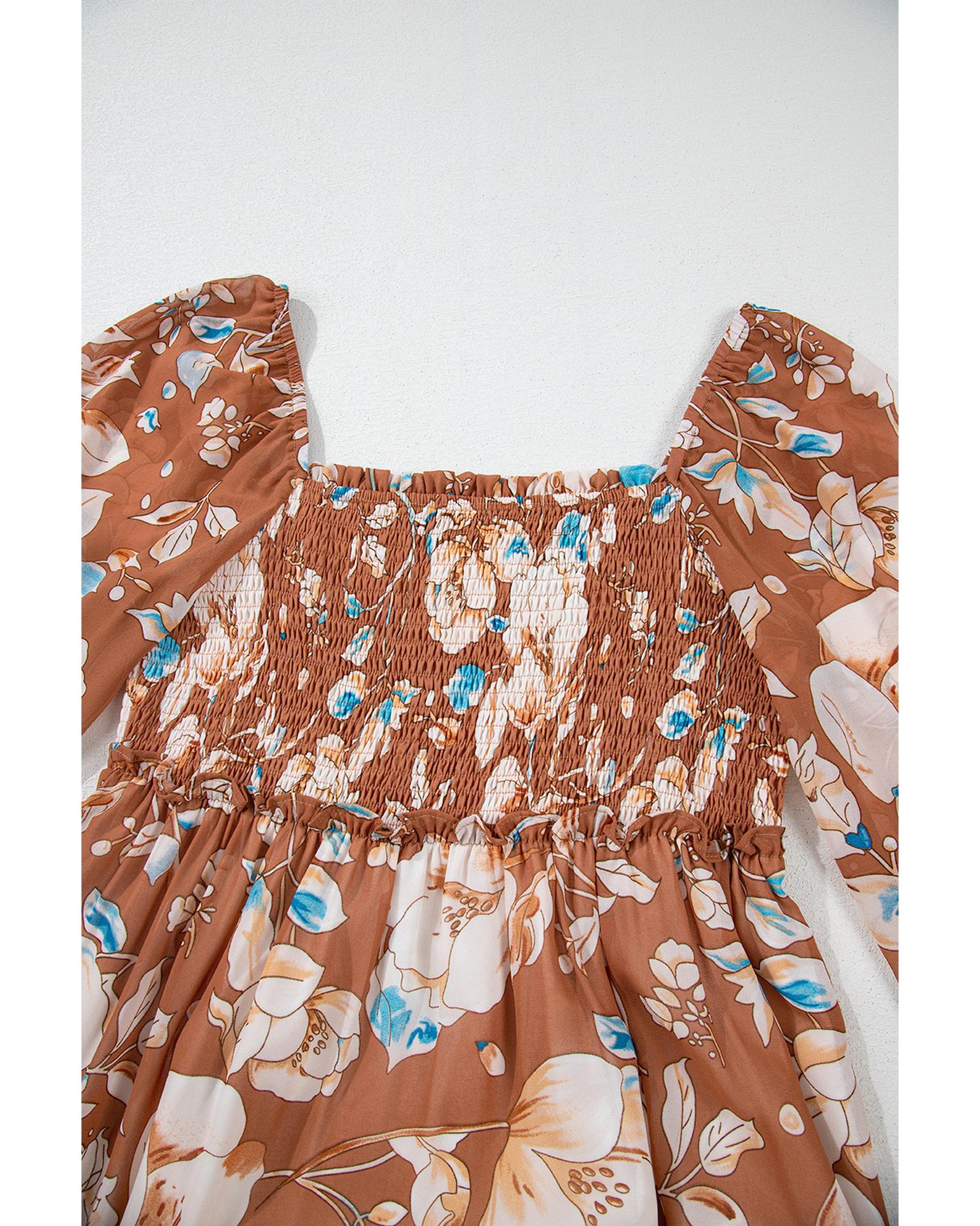 Brown Floral Print Shirred Square Neck High Waist Maxi Dress - L