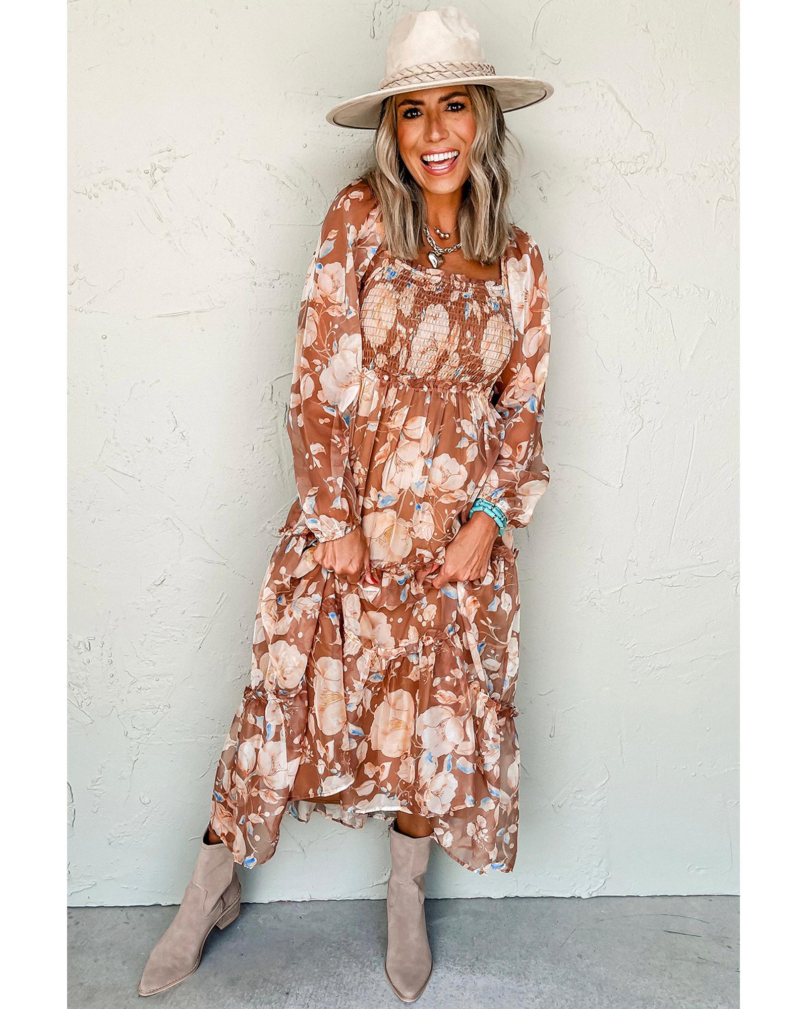 Brown Floral Print Shirred Square Neck High Waist Maxi Dress - L