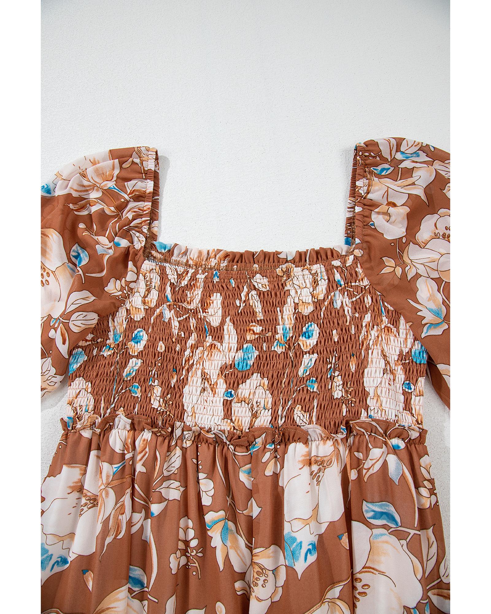 Brown Floral Print Shirred Square Neck High Waist Maxi Dress - L
