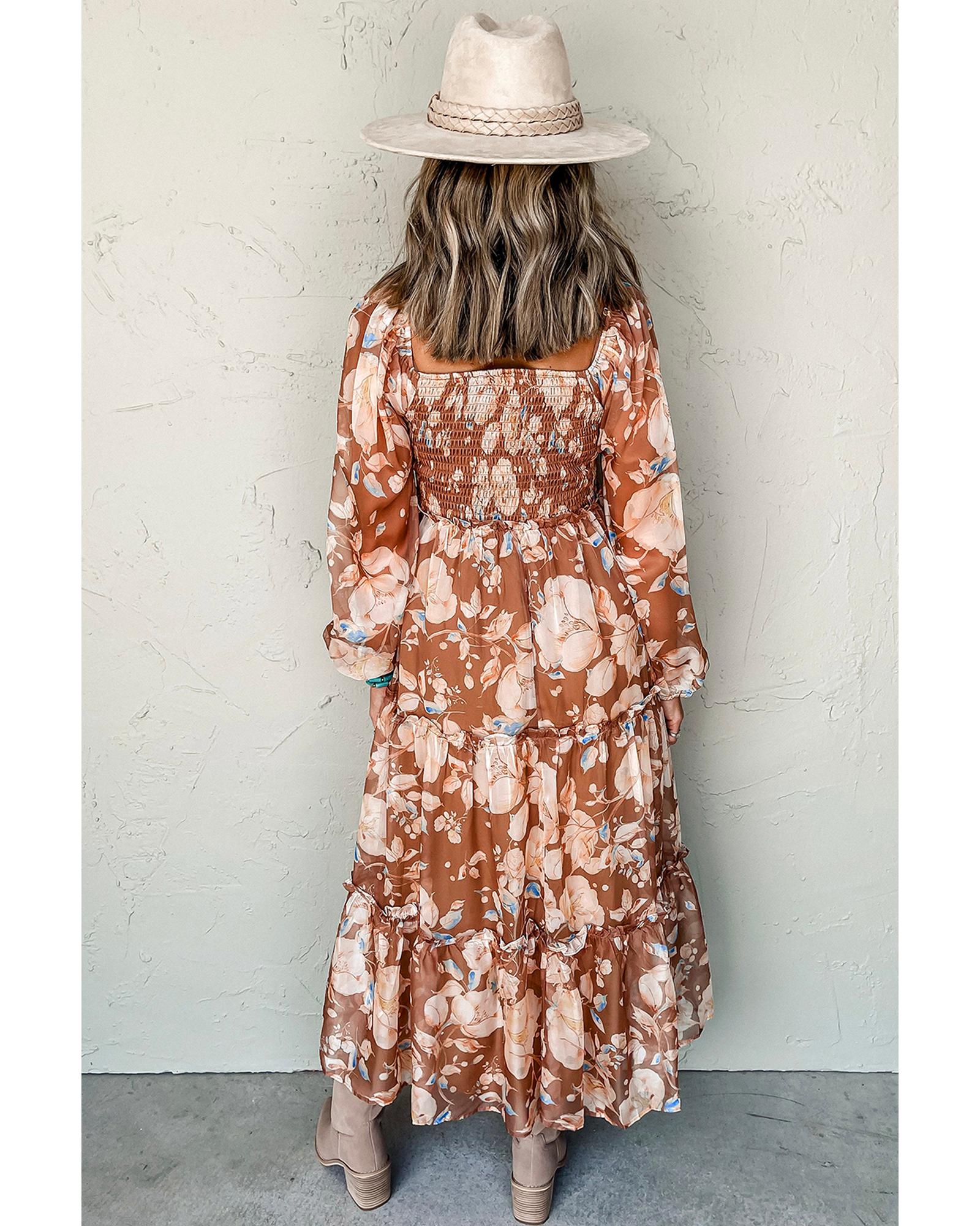 Brown Floral Print Shirred Square Neck High Waist Maxi Dress - L