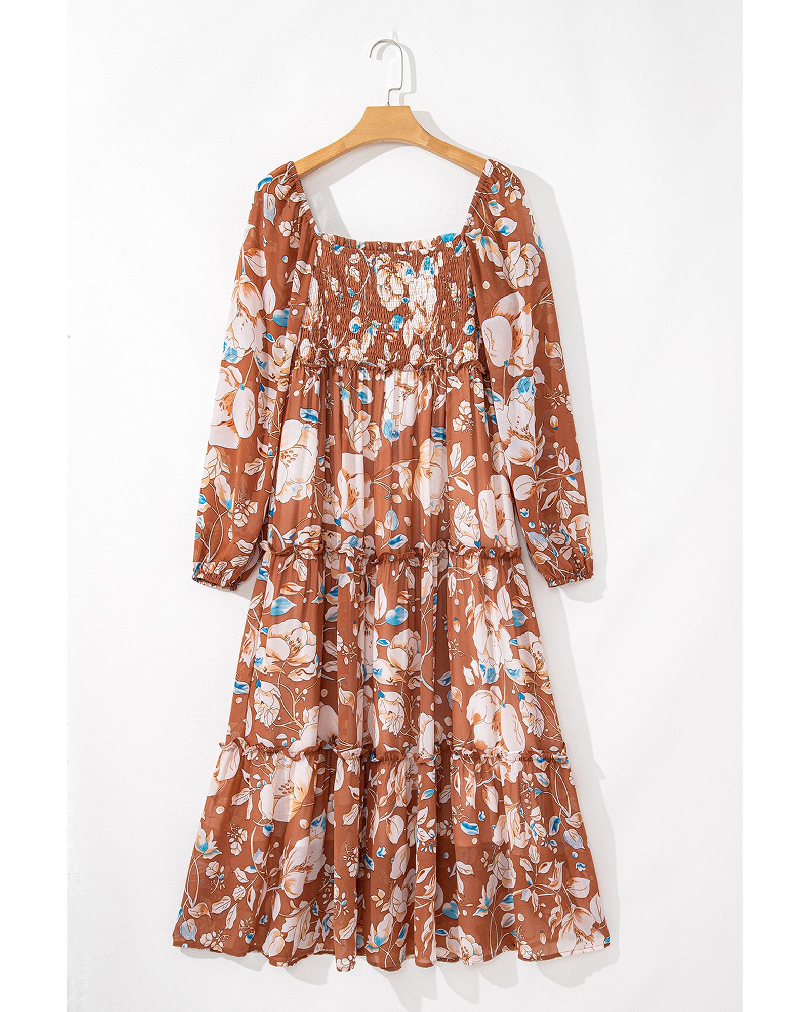 Brown Floral Print Shirred Square Neck High Waist Maxi Dress - L