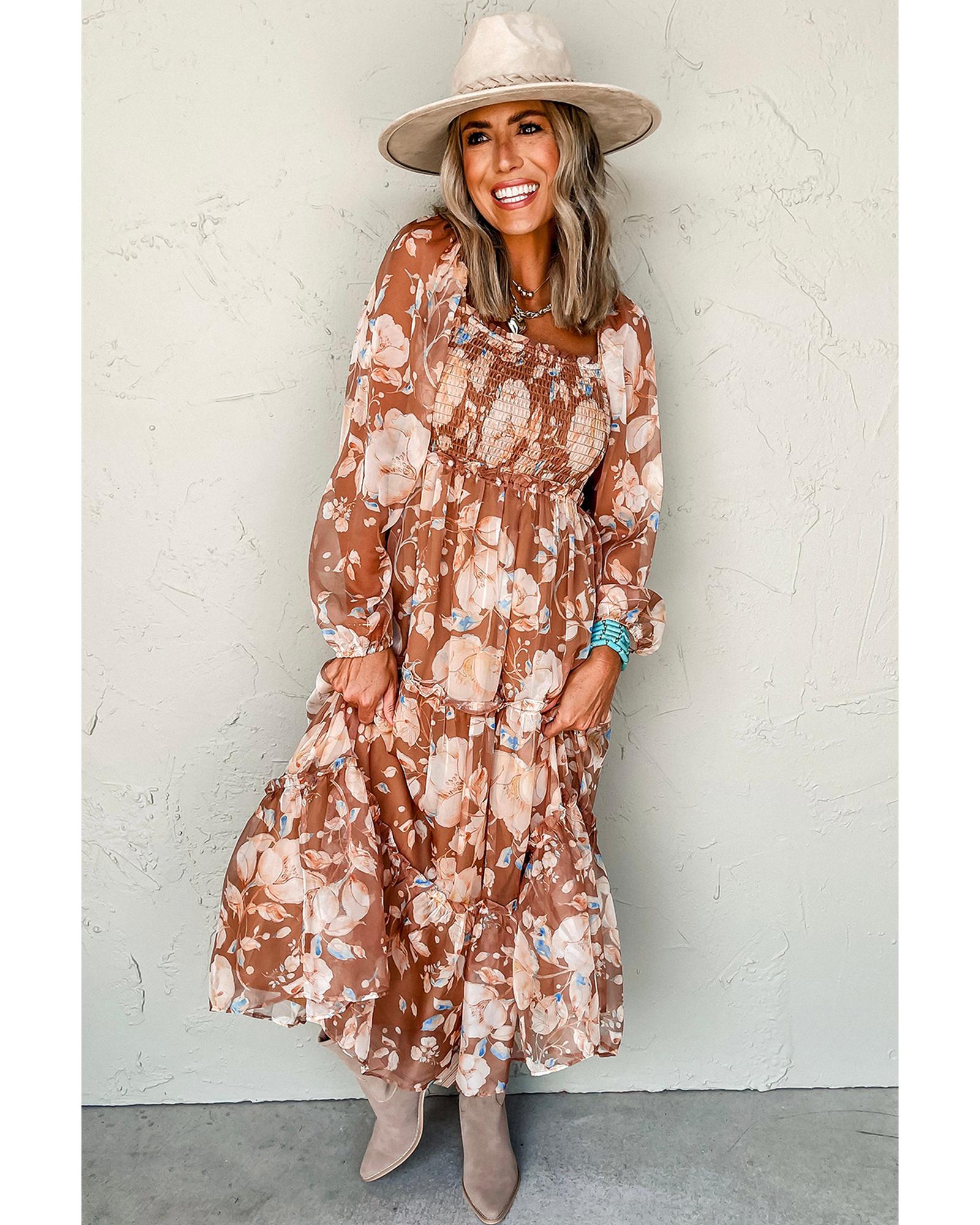 Brown Floral Print Shirred Square Neck High Waist Maxi Dress - L