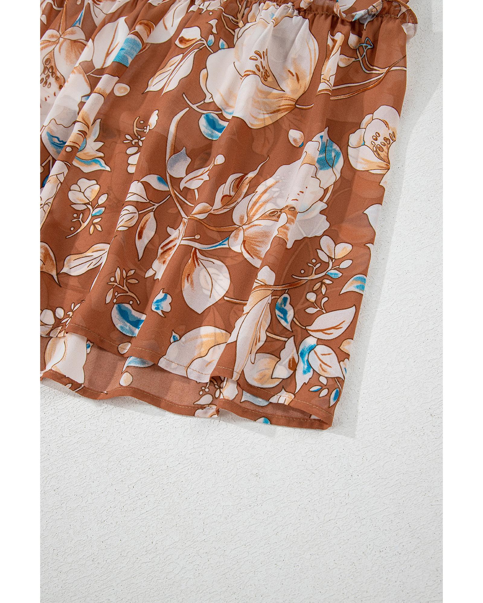 Brown Floral Print Shirred Square Neck High Waist Maxi Dress - L