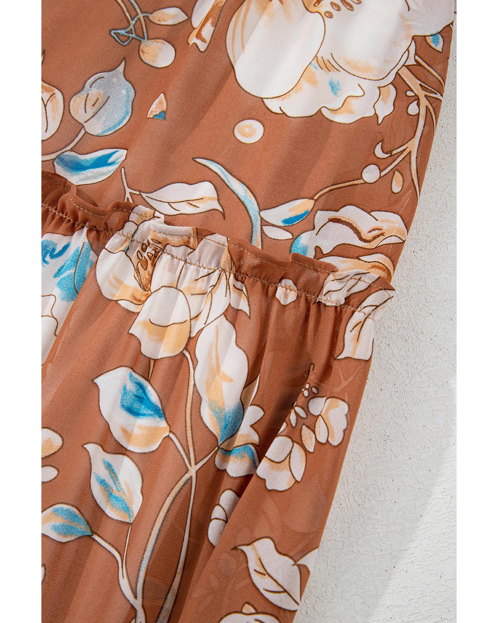 Brown Floral Print Shirred Square Neck High Waist Maxi Dress - S