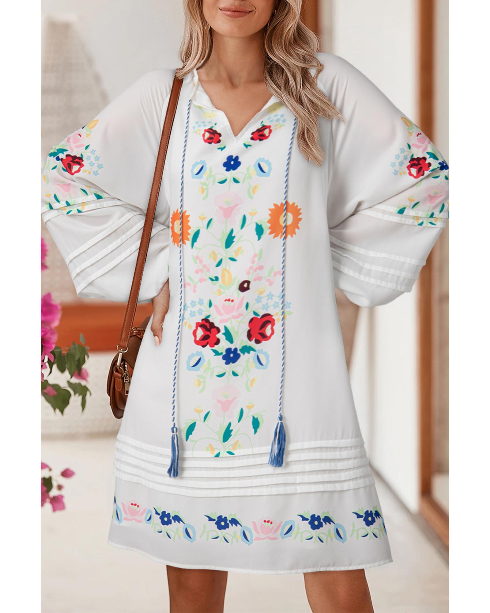 White Floral Print Boho Tassel Tie Split Neck Tucking Detail Puff Sleeve Mini Dress - L