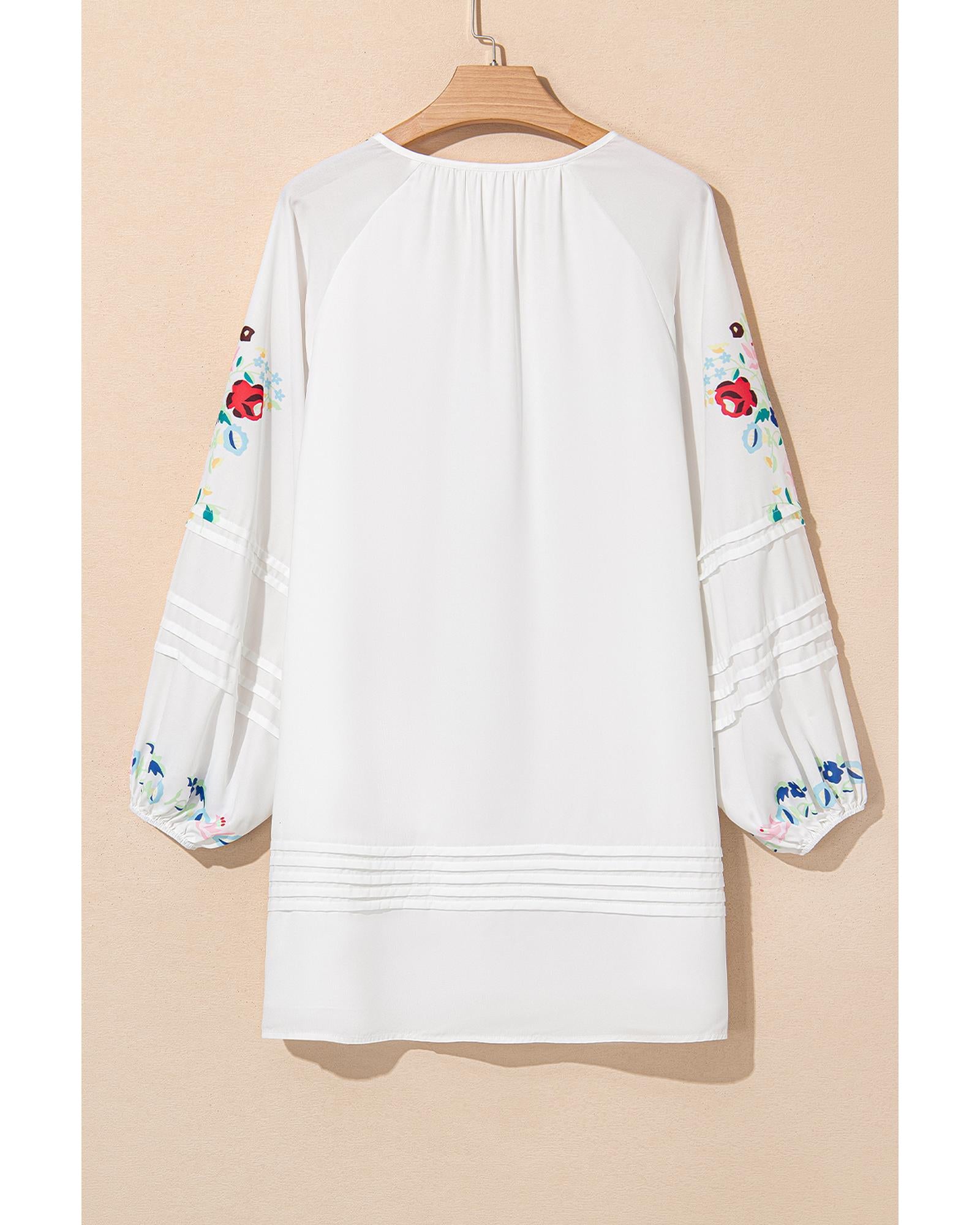 White Floral Print Boho Tassel Tie Split Neck Tucking Detail Puff Sleeve Mini Dress - L