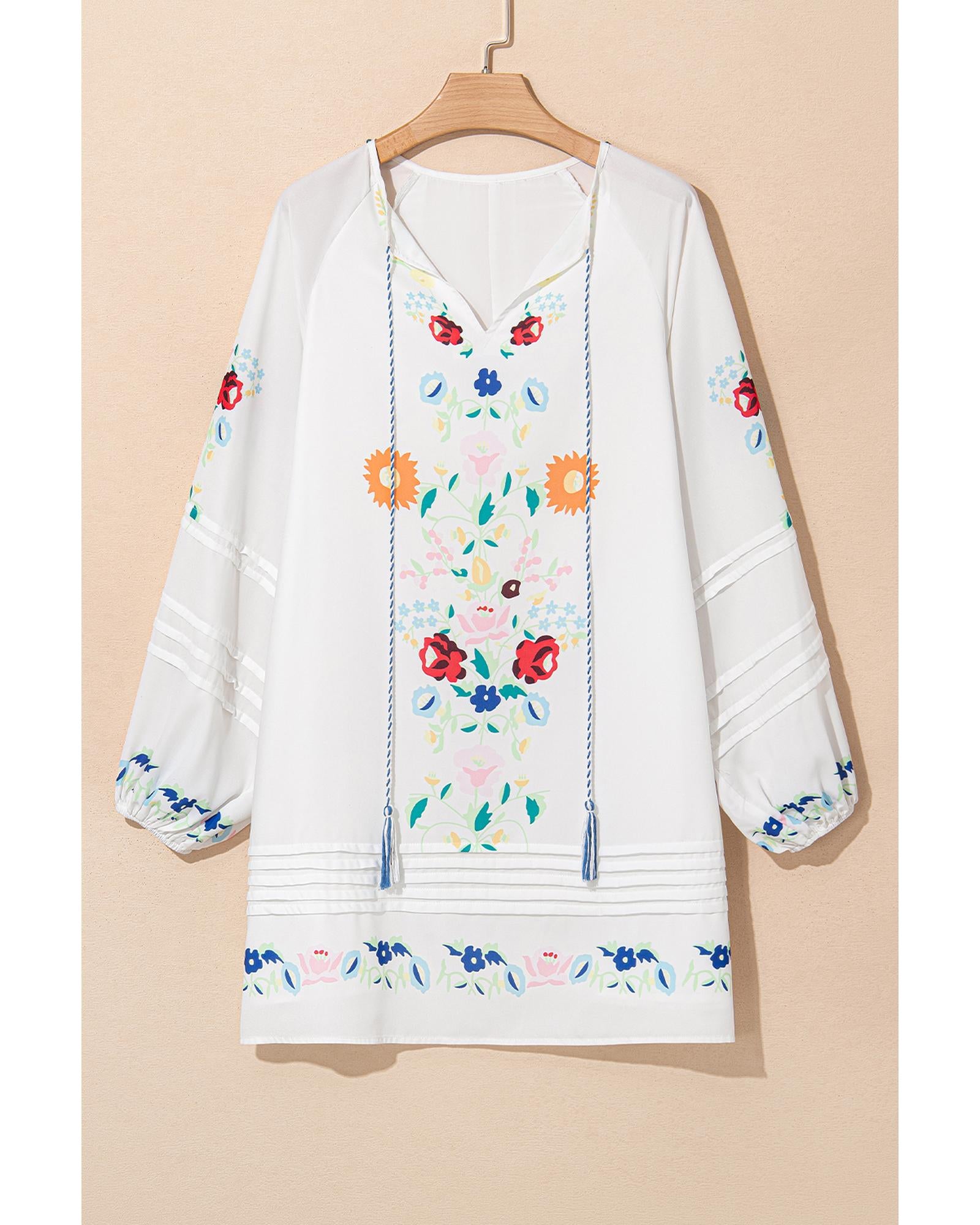 White Floral Print Boho Tassel Tie Split Neck Tucking Detail Puff Sleeve Mini Dress - M