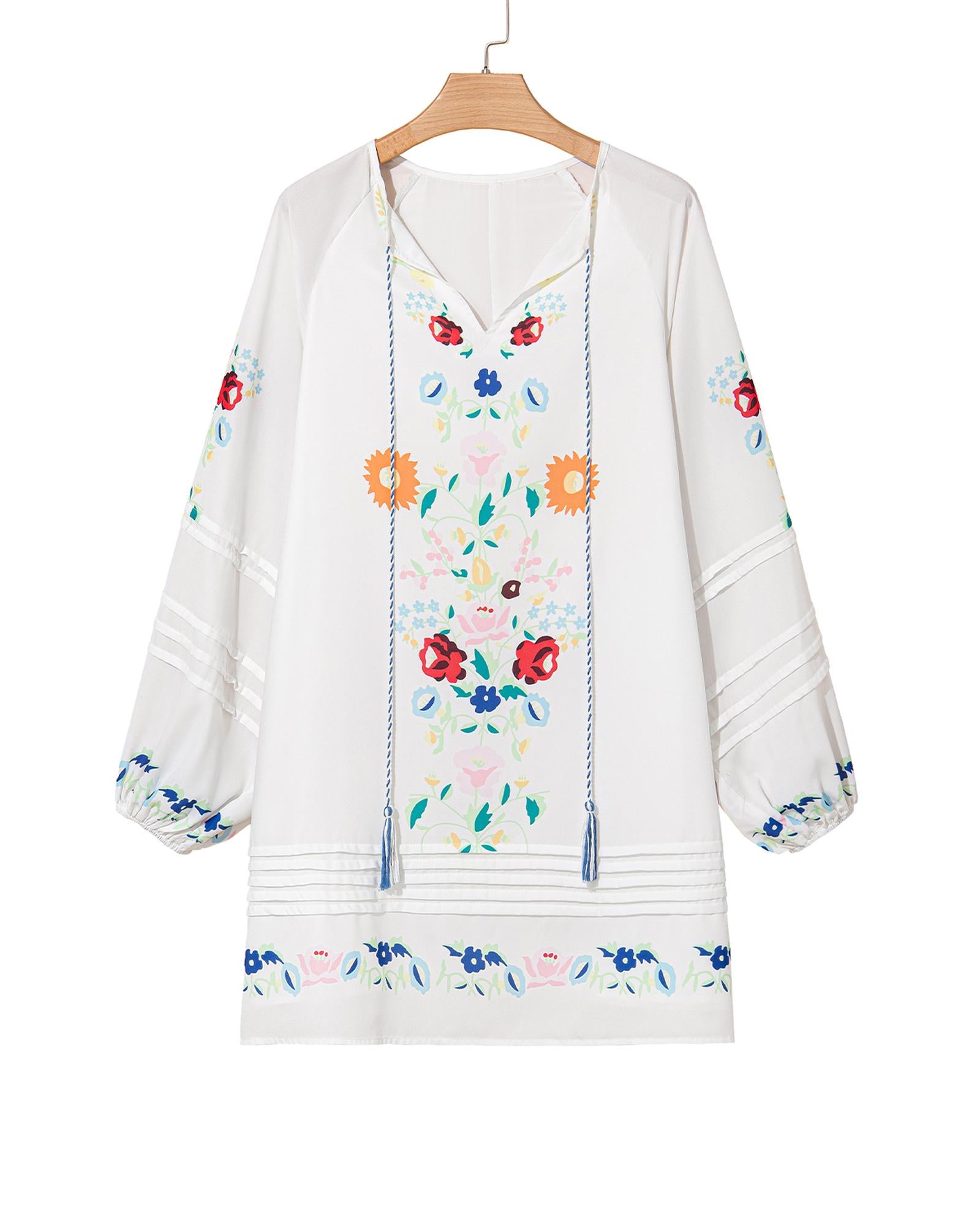 White Floral Print Boho Tassel Tie Split Neck Tucking Detail Puff Sleeve Mini Dress - M