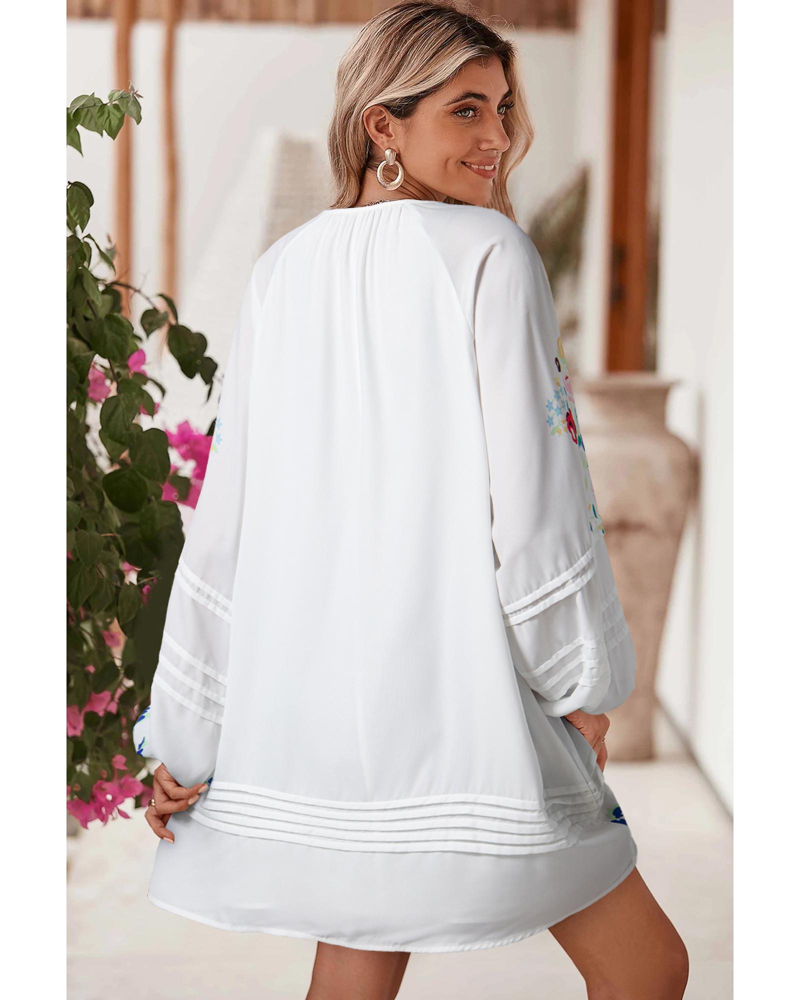 White Floral Print Boho Tassel Tie Split Neck Tucking Detail Puff Sleeve Mini Dress - S