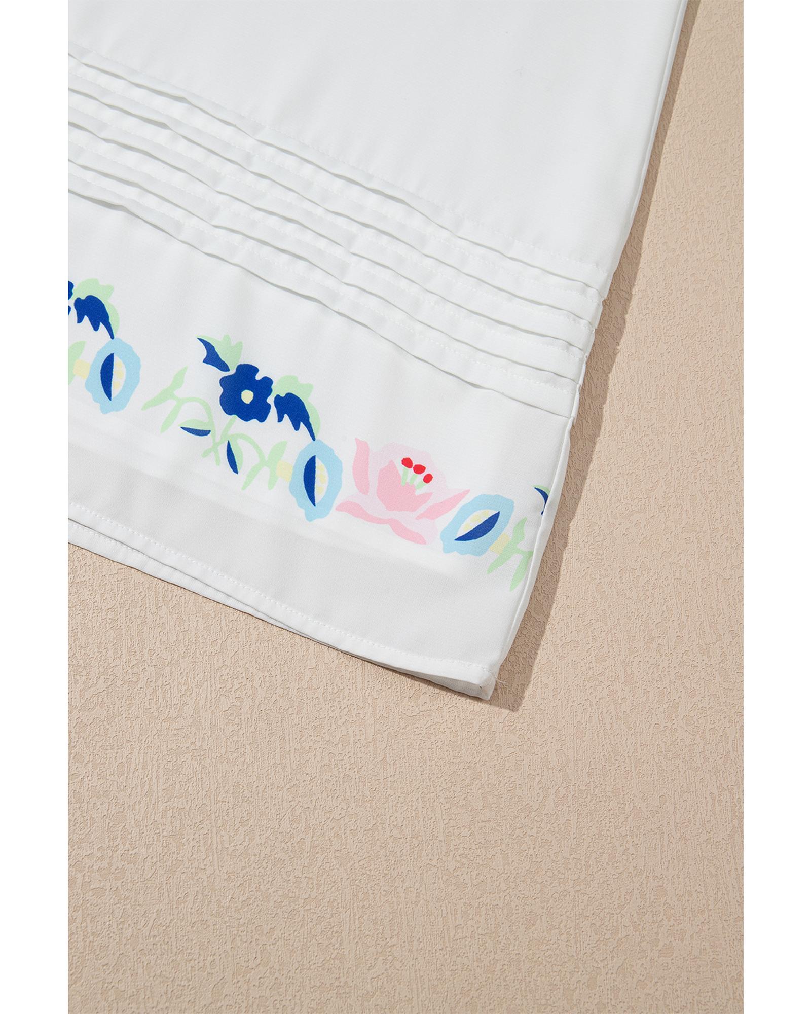 White Floral Print Boho Tassel Tie Split Neck Tucking Detail Puff Sleeve Mini Dress - S