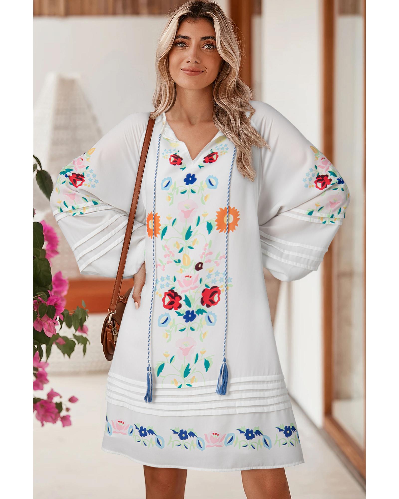 White Floral Print Boho Tassel Tie Split Neck Tucking Detail Puff Sleeve Mini Dress - XL