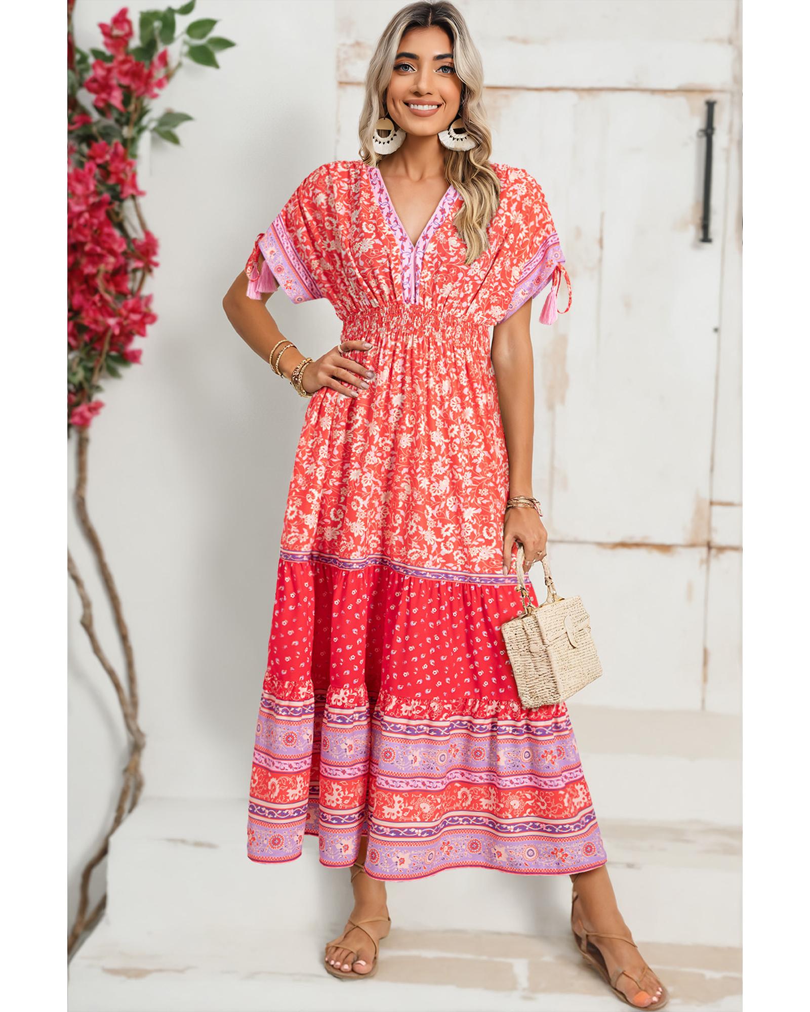 Red Floral Print Tasseled Tied Sleeve Empire Waist Maxi Dress - M