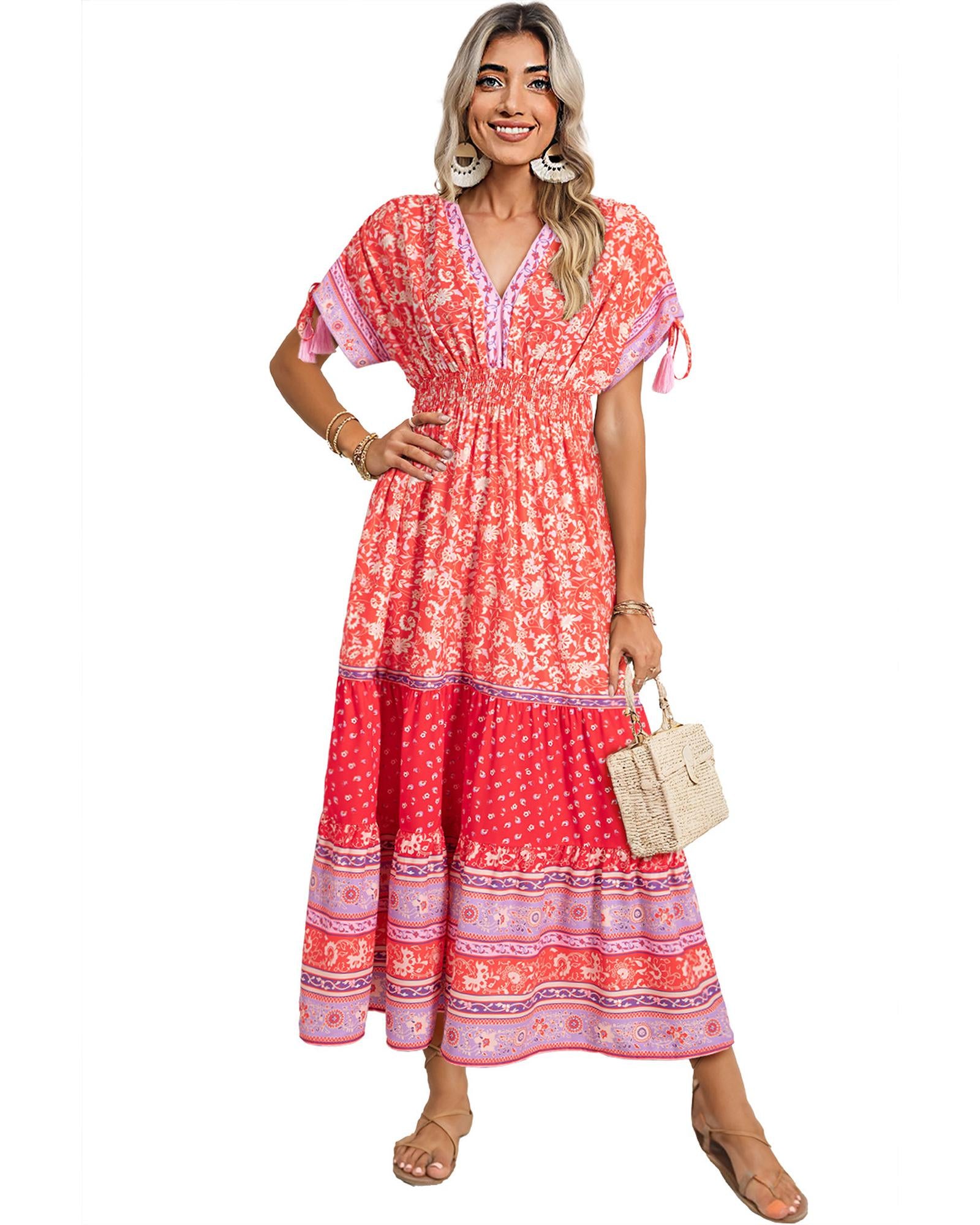 Red Floral Print Tasseled Tied Sleeve Empire Waist Maxi Dress - XL