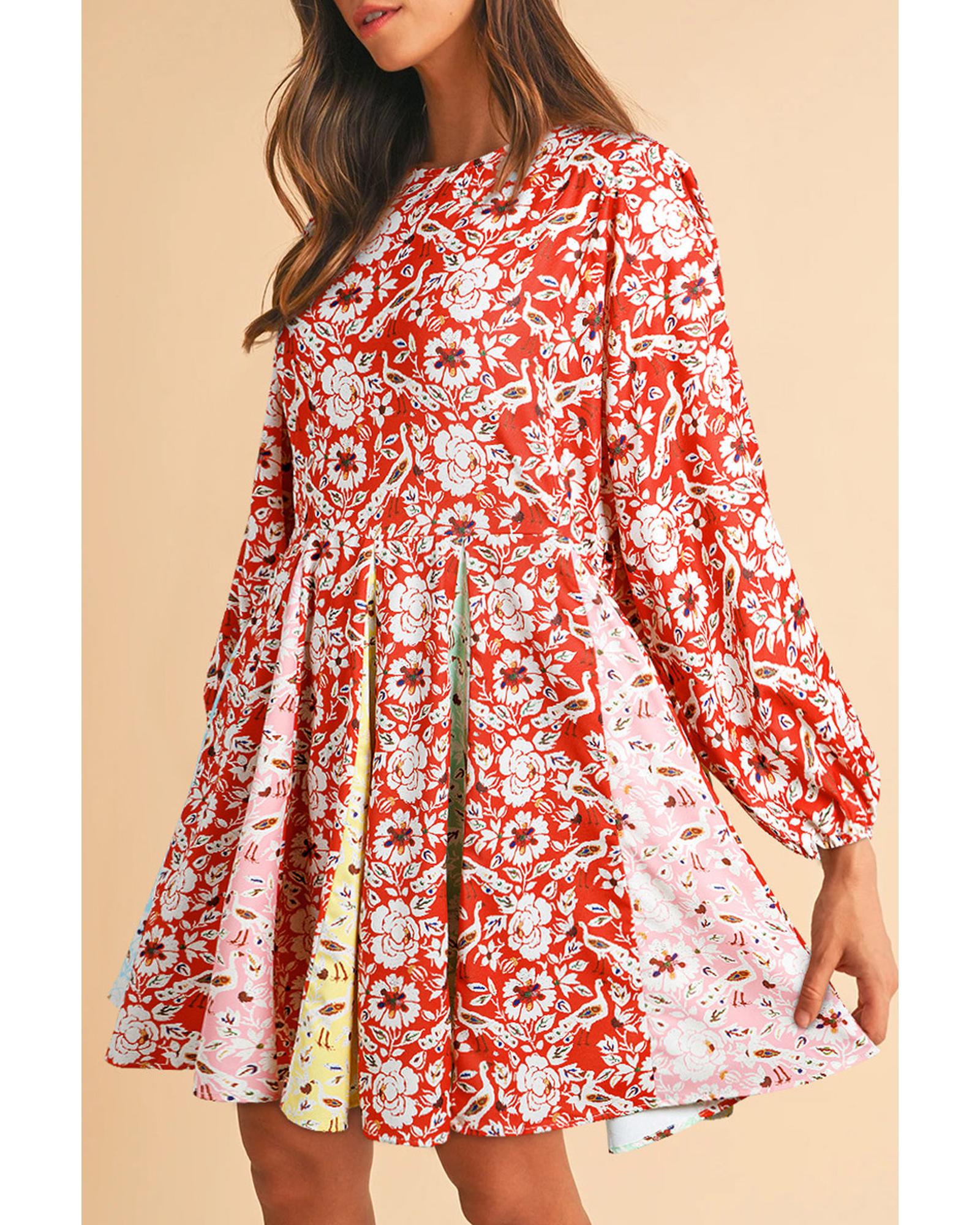 Red Colorful Floral Patchwork Long Sleeve Pleated Mini Dress - M