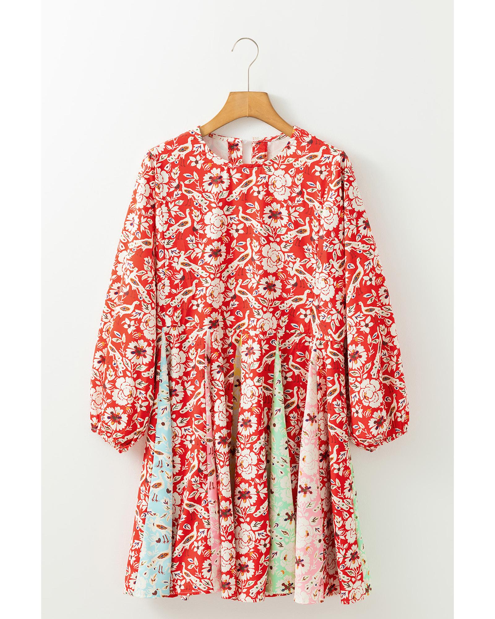 Red Colorful Floral Patchwork Long Sleeve Pleated Mini Dress - M