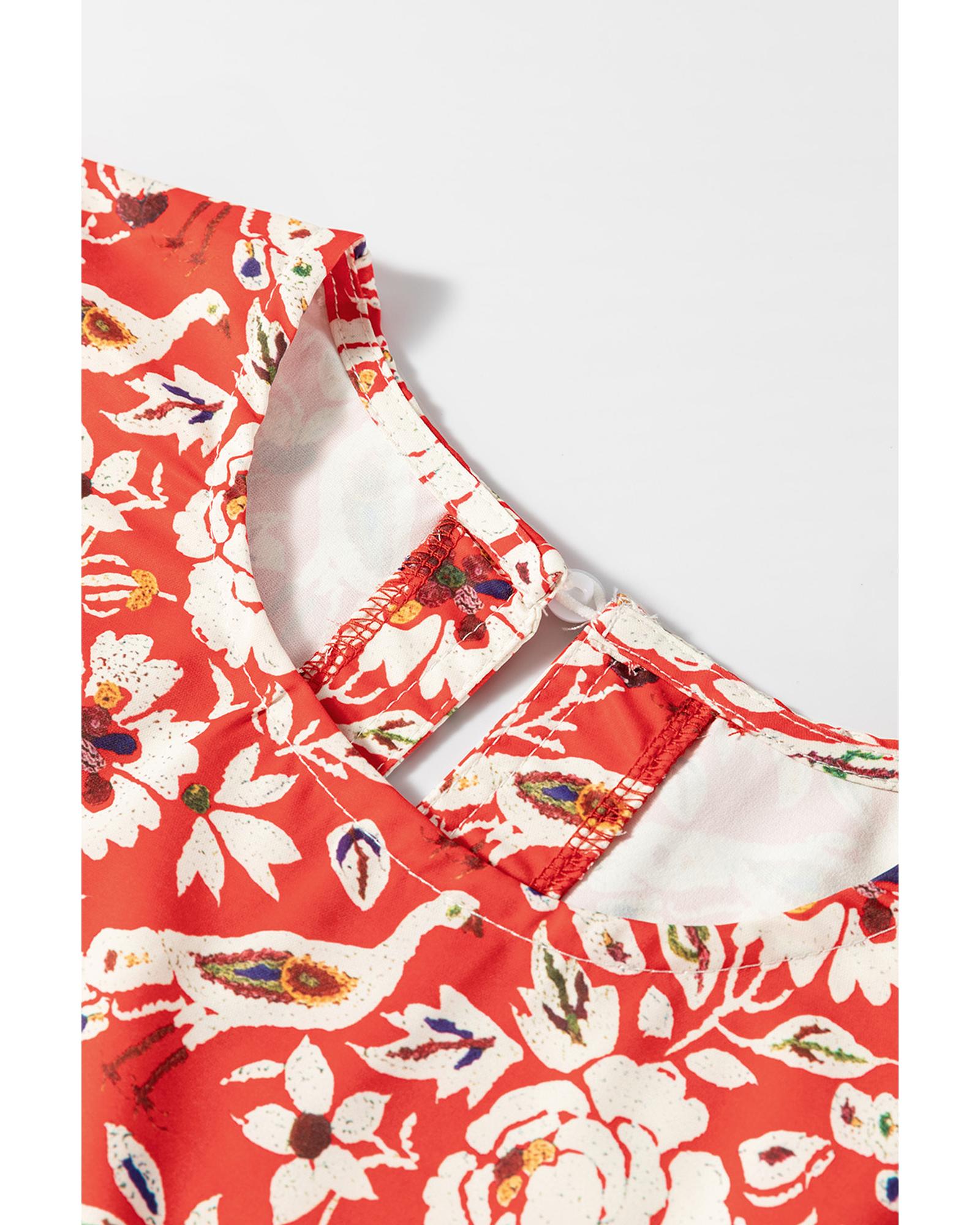 Red Colorful Floral Patchwork Long Sleeve Pleated Mini Dress - M